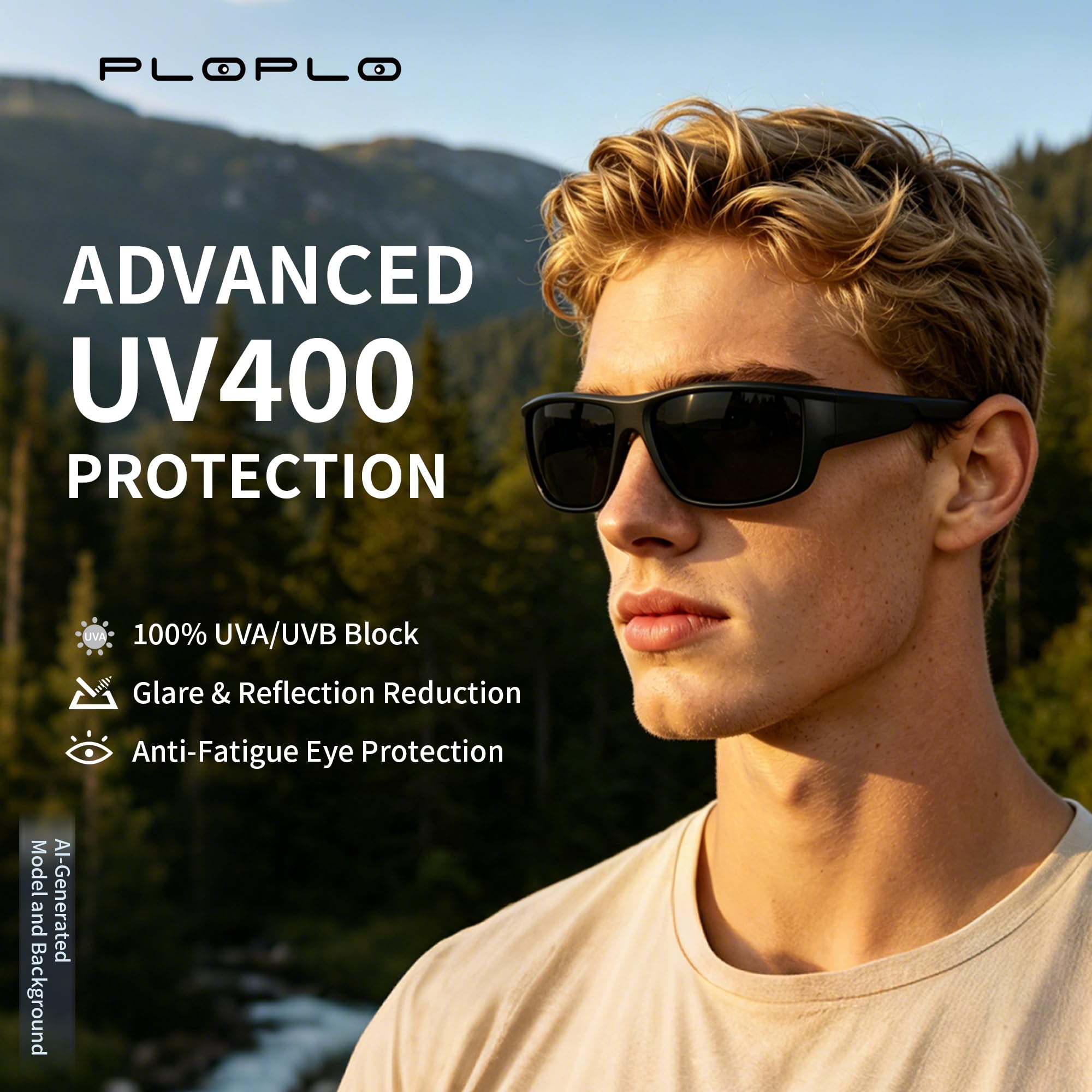 PLOPLO Polarisierte Sonnenbrille, Biker-Fahrer, zum Umwickeln, Sport-Sonnenbrille, UV400-Schutz, für empfindliche Augen, super Dunkelschwarz, mattschwarz, Oversized