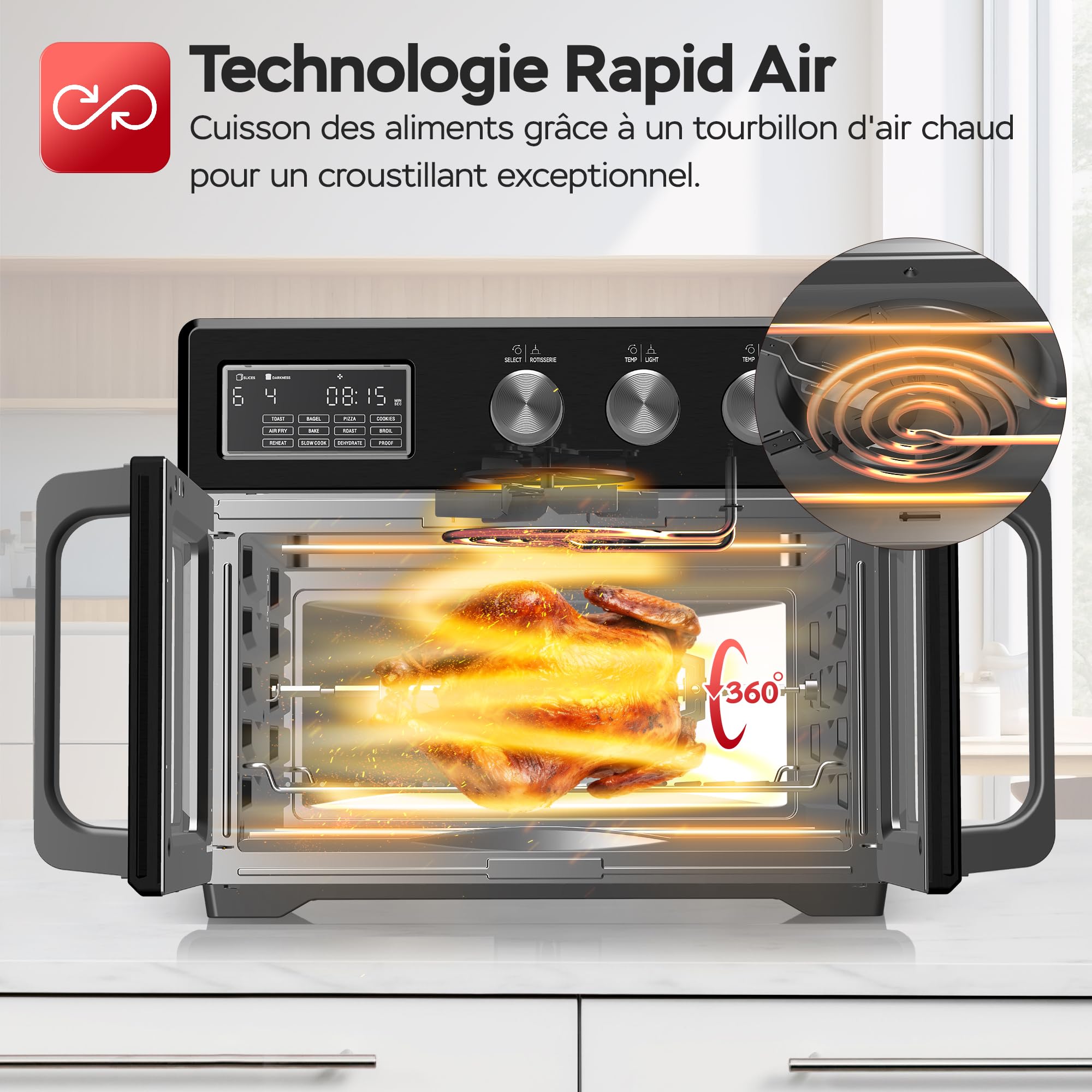 TurboTronic Mini four, four à air chaud 4 en 1 et friteuse à air chaud, version XXL 32 L, y compris tournebroche et de nombreux accessoires, plaque de cuisson, déshydrateur à partir de 25 °C & grill