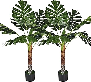 4FT Artificial Monstera Plant Tall 2 Set, 48'' Faux Swiss Cheese Plants Large with Fake Bark, Dried Moss and Pot, Houseplant for Indoor Outdoor Living Room Home Decor, 2 Pack