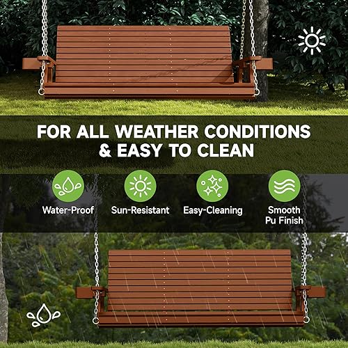 Miniatura 5 de Real Relax Columpio de porche delantero, banco de madera mejorado para 3 personas, silla colgante con portavasos, resistente 880 libras, asiento de