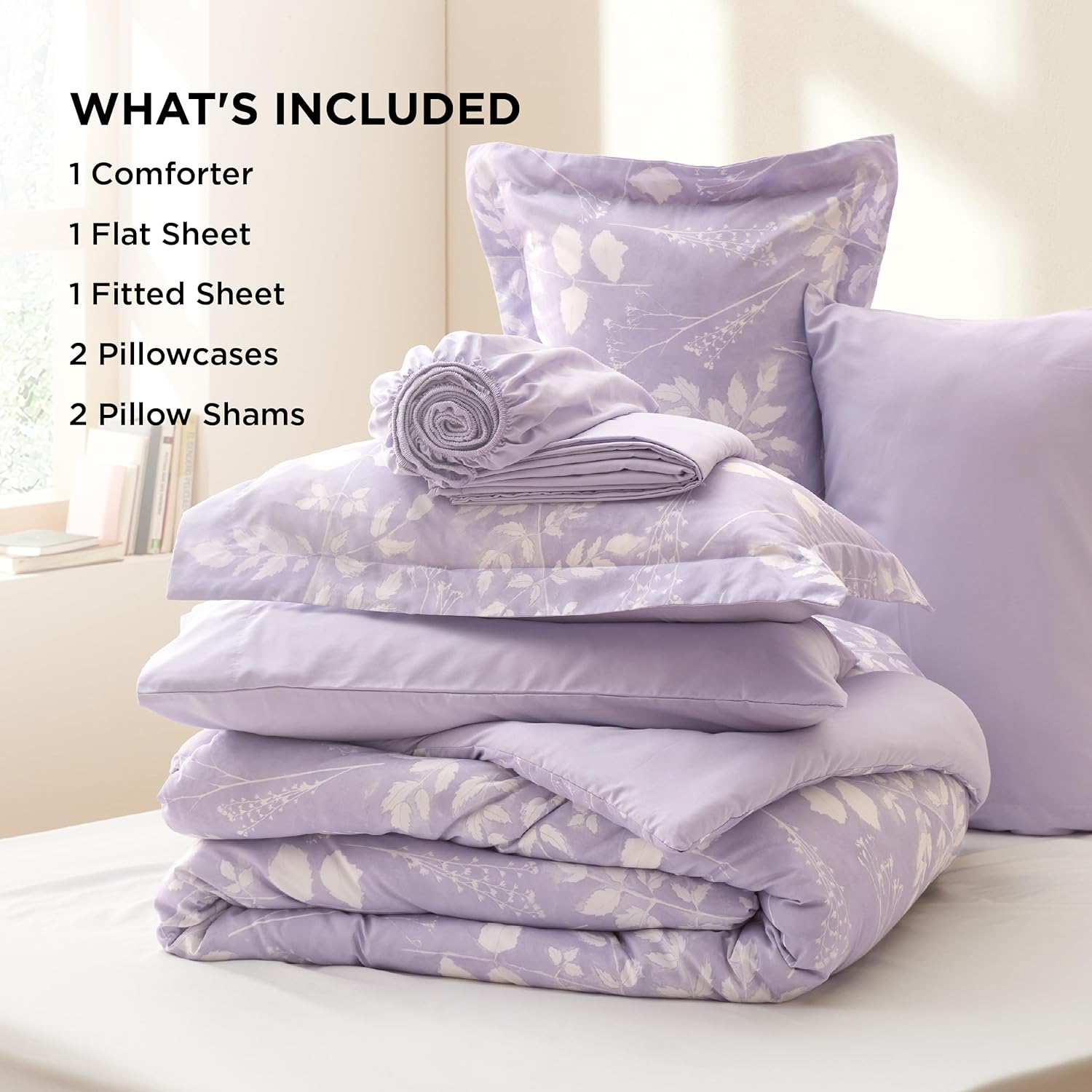 Bedsure King Size Comforter Set - 7 Pieces Floral Lavender Soft Bedding Sets, King Bed in a Bag with Botanical Flowers Comforter, Sheets, Pillowcases & Shams - Image 7