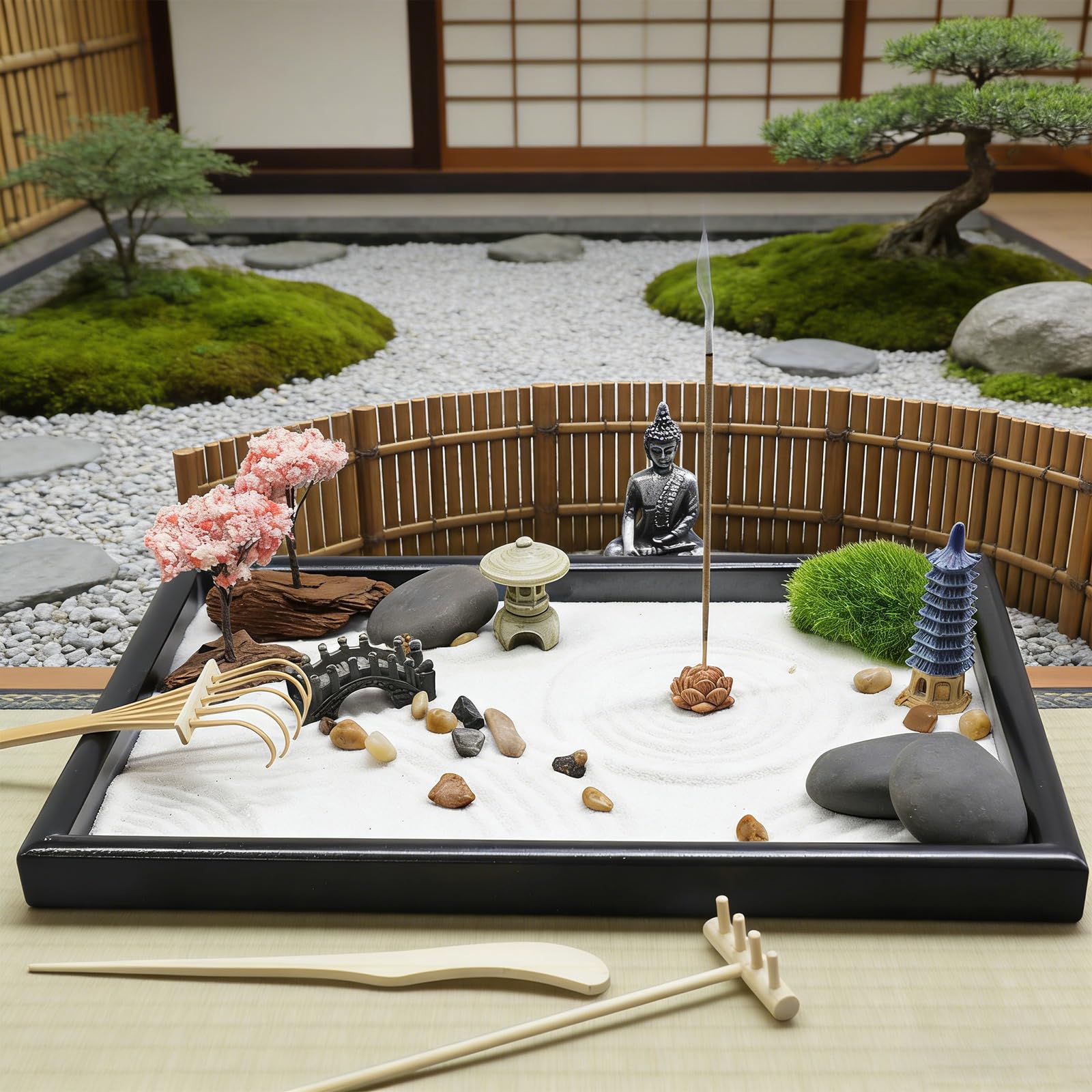 PANFHGFG Set creativo scatole da giardino con arte della sabbia in miniatura per decorazioni personalizzabili e spazio personale per relax a casa, ufficio, scatola sabbia da scrivania