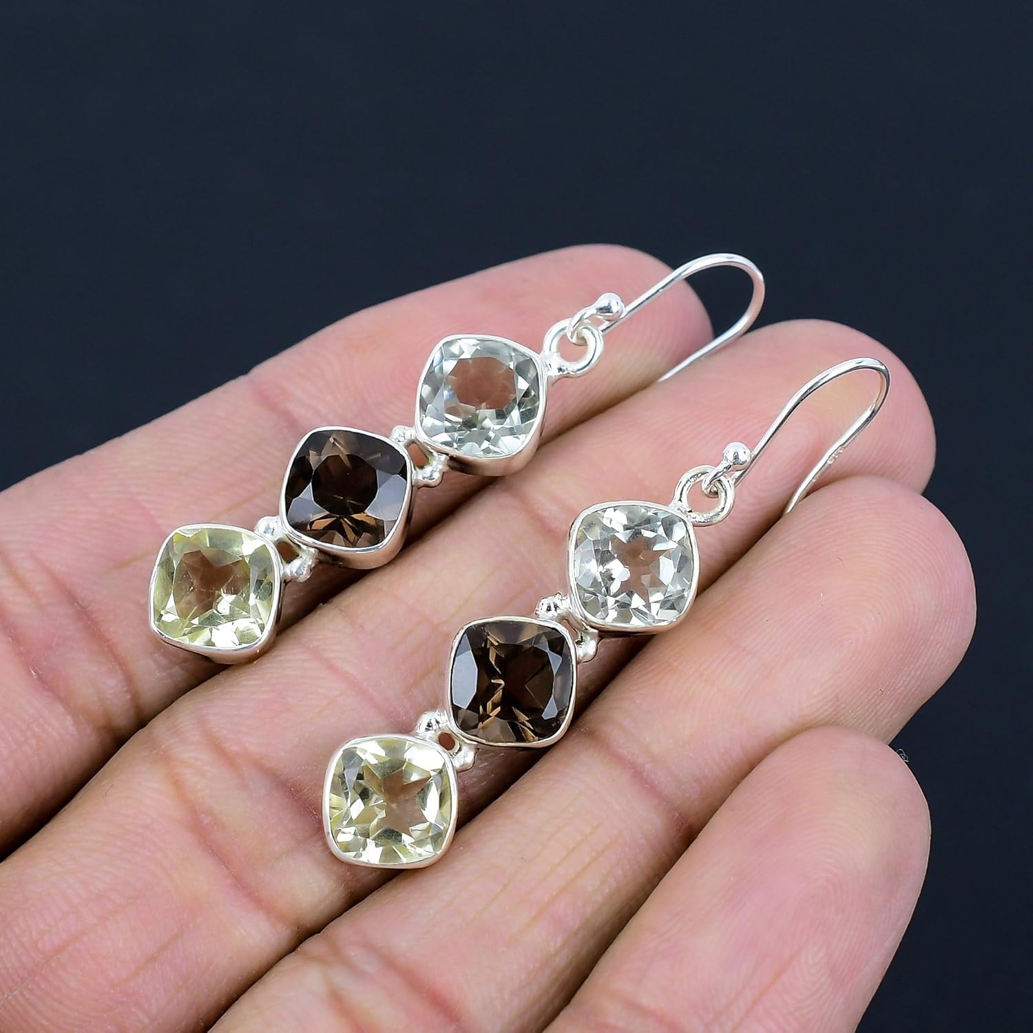 Silver Palace Natural Smoky Quartz, Green Amethyst 925 Sterling Silver Drop Dangle Three Stone Earrings For Womens