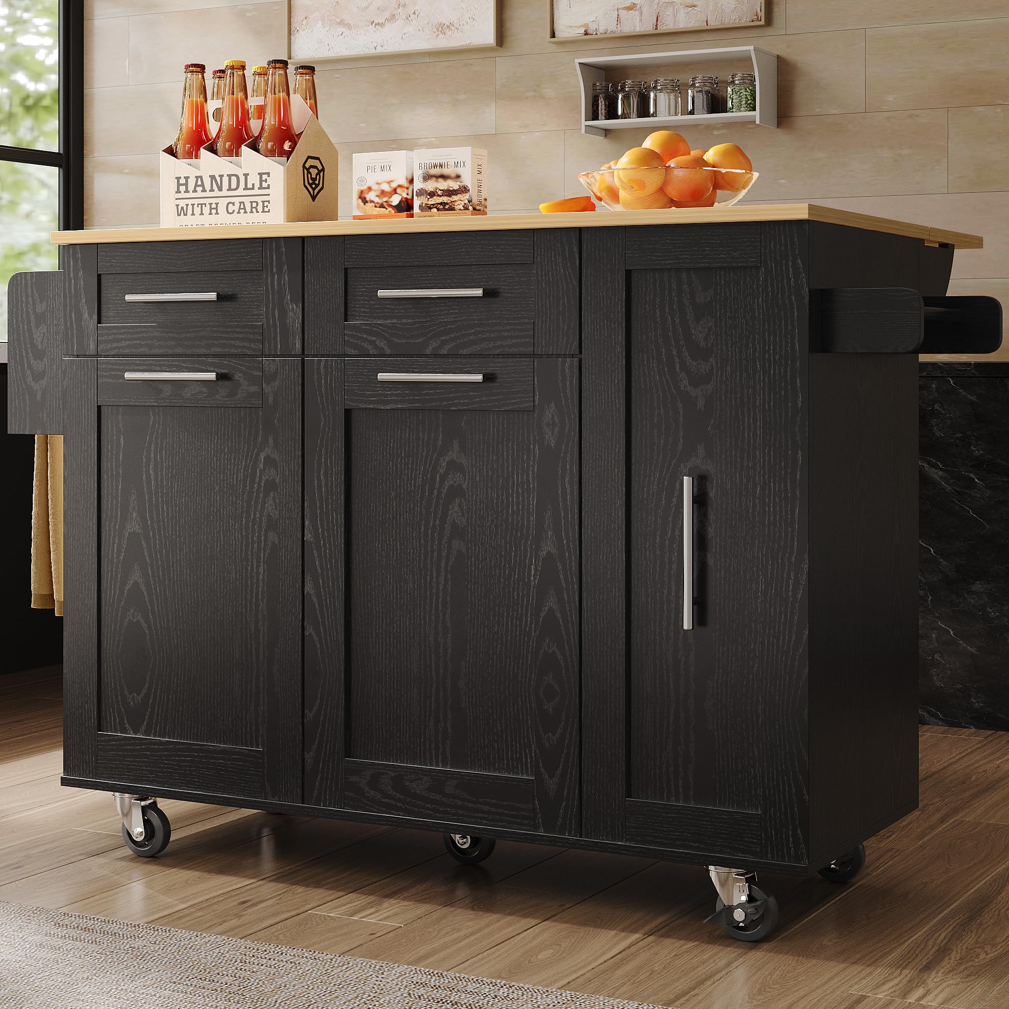 ModernLuxe Kitchen Island Cart with Extendable Worktop, 2 Doors & 3 Drawers, Serving & Dining Trolley on Wheels with Towel Rack, Wood-Grain Cabinets, Metal Frame, 140x45x92.5cm