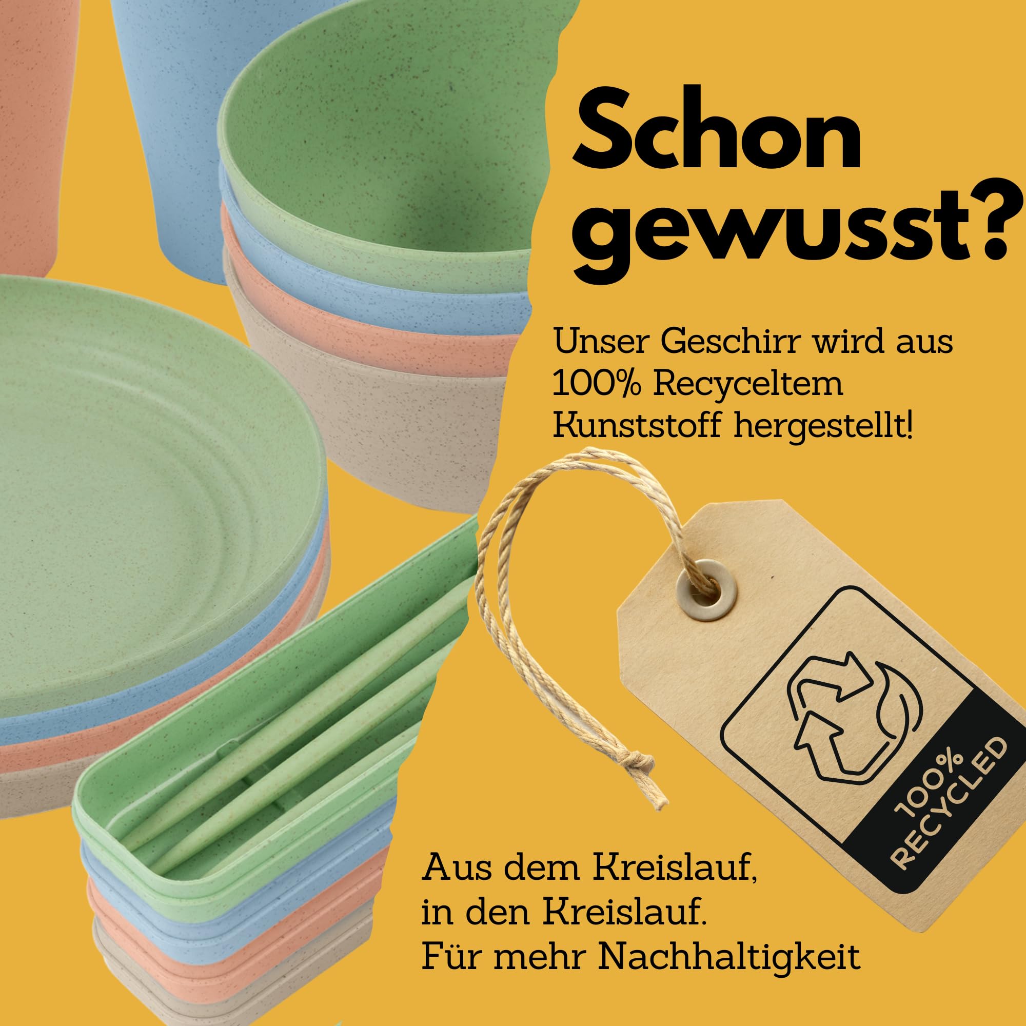 Umweltfreundliches Camping-Geschirrset – 100% Recyceltes Material | Mehrweg, Bunt, Für Wohnmobil, Picknick, Outdoor & Kinder