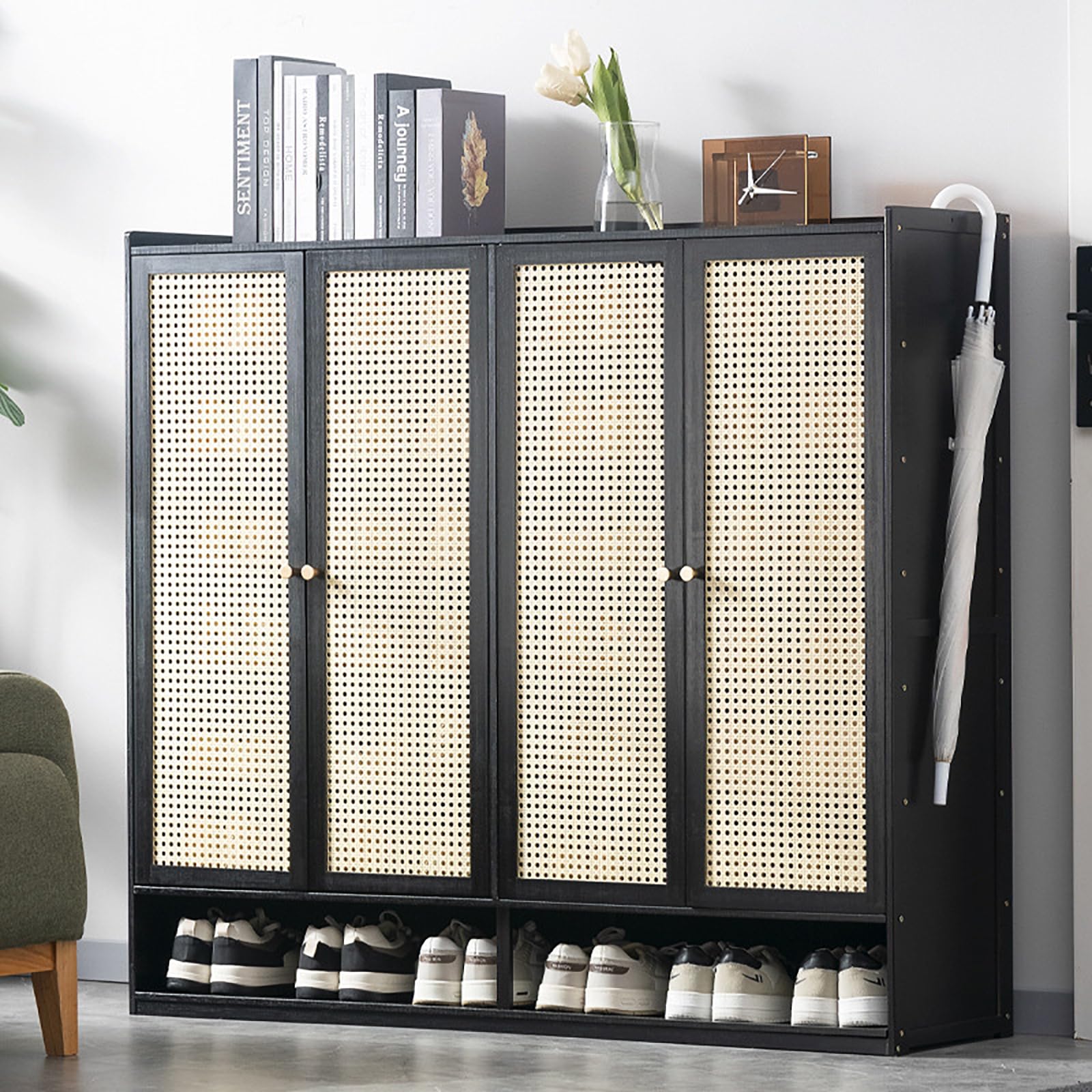 LMYSXAOZ Black Bamboo Shoe Cabinet - 8-Tier Freestanding Wooden Rack for Entryway, Hallway, Living Room & Closet Stylish Rattan Storage Solution