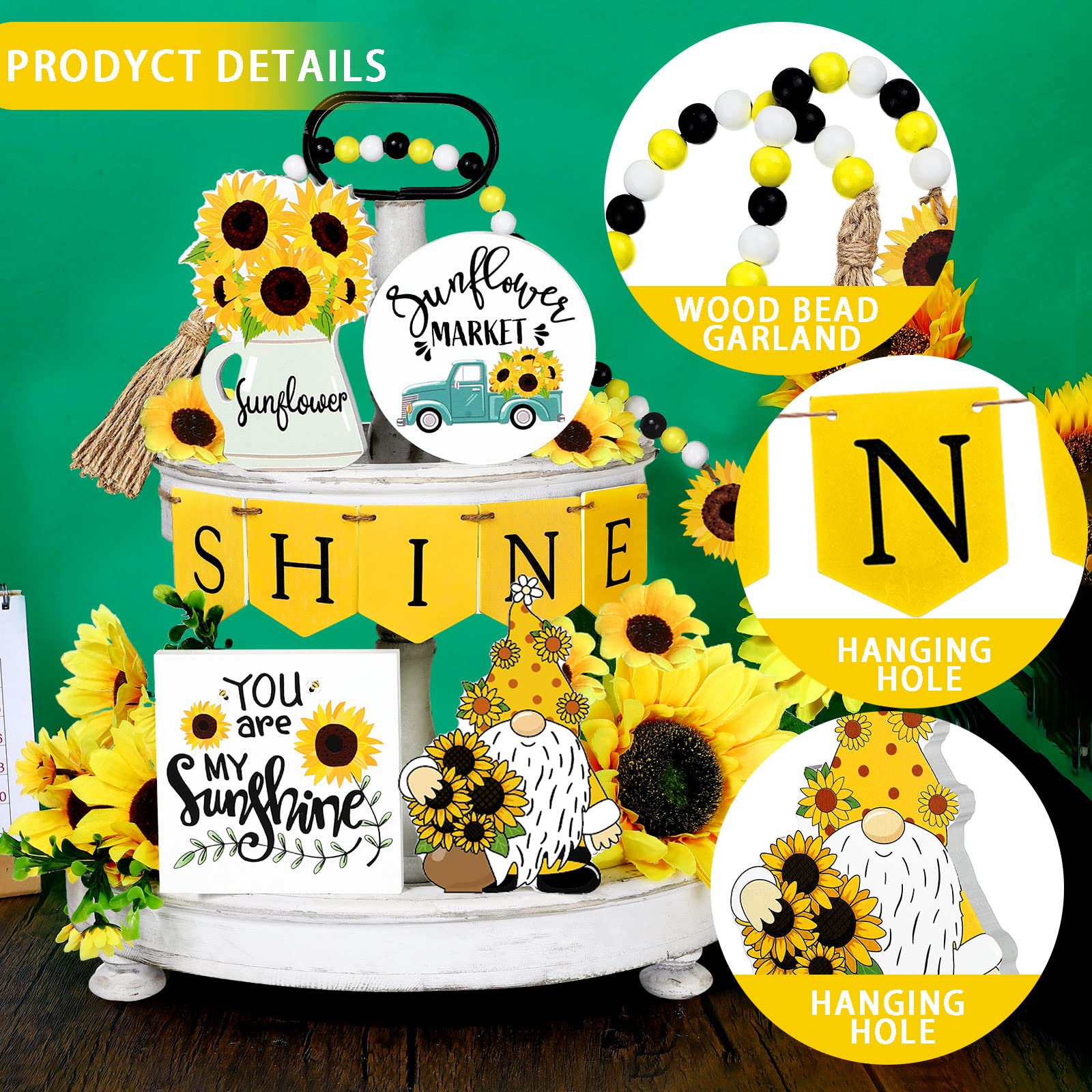 10 Pcs Summer Tiered Tray - Farmhouse Wood Tiered Tray - Lemon Watermelon Strawberry Sunflower Decor - Kitchen Standing Sign Bead Garland Banner for Home Decor (Sunflower Theme)