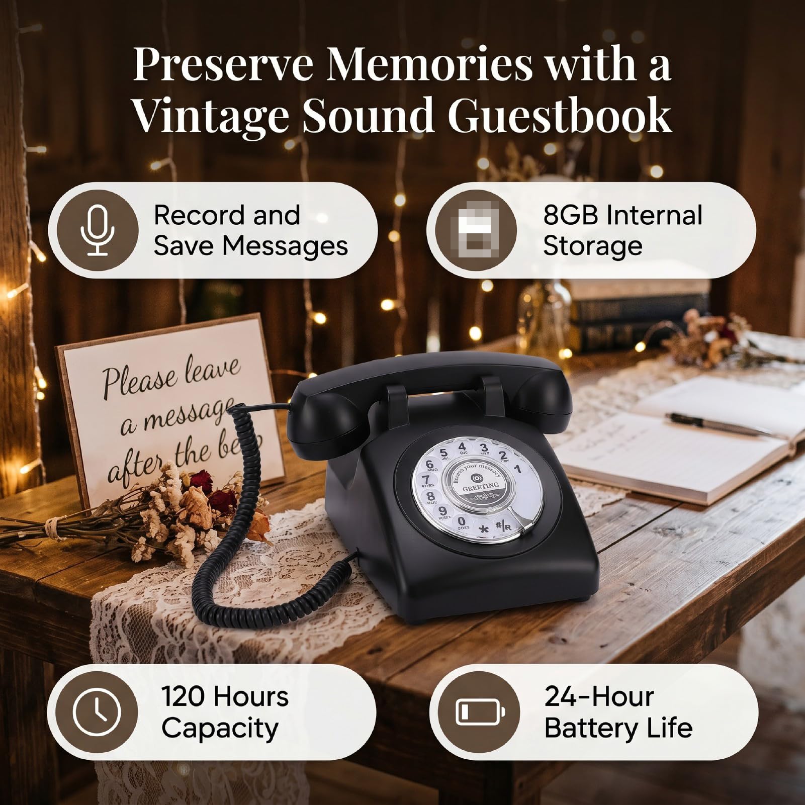 GOWENIC Telefono Vintage con Registrazione Vocale, Libro degli Ospiti con retrò per Eventi Nuziali, Memoria da 8 GB, Registrazione per 120 Ore, Telefono Regalo Facile da Usare (Black)