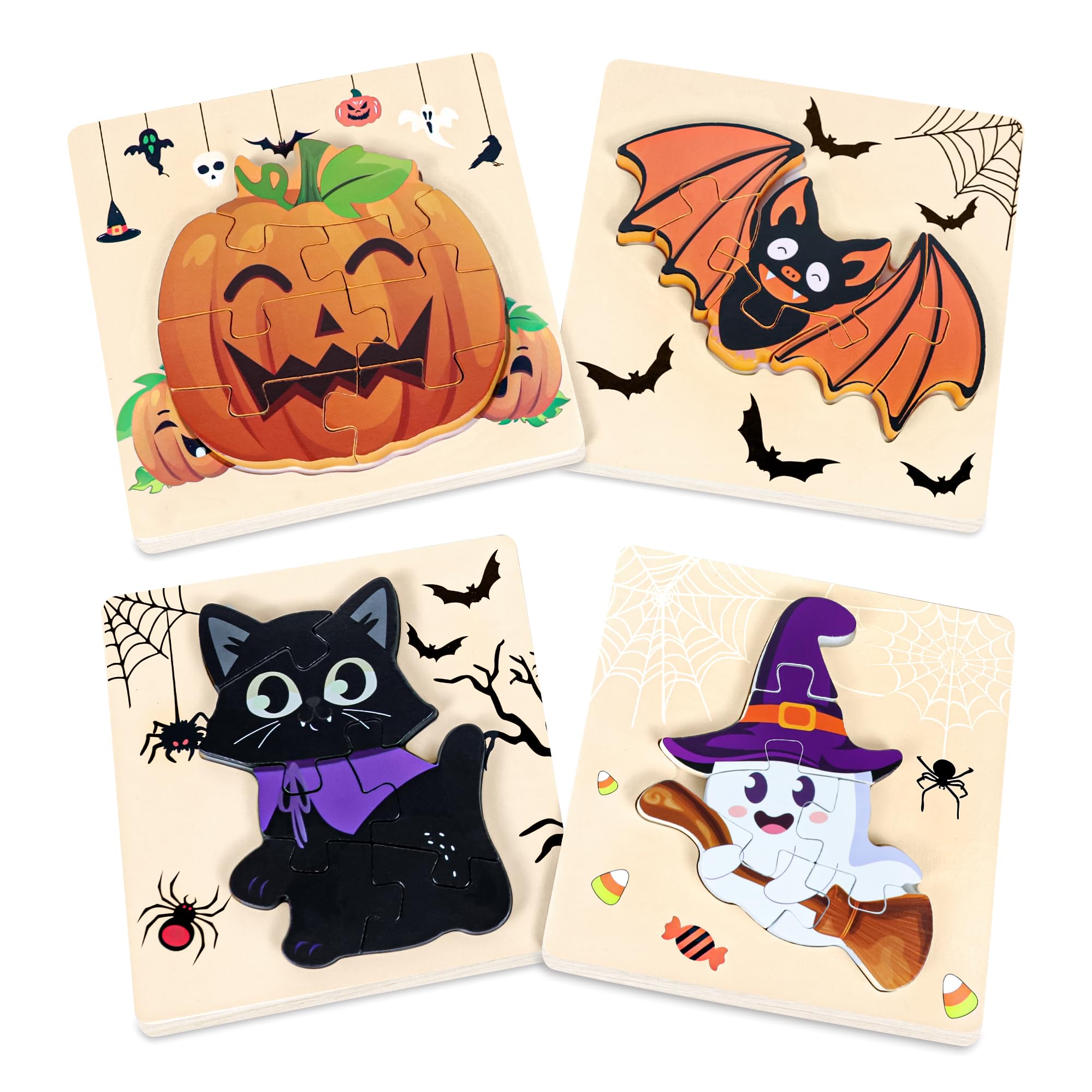 4Pack Halloween Wooden Puzzles for Toddlers - Educational Learning Toys, Jigsaw Puzzle for Party Favors, Supplies, Kids, Boys, Girls - Treat Goodie Bags Fillers Gifts