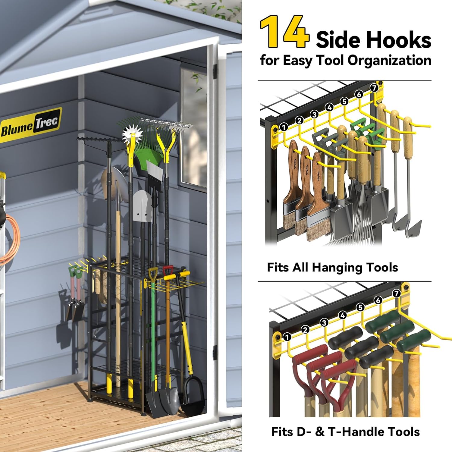 Garden Tool Organizer, Up 48 Long Handle Tool, Garage Storage and Organization with Side Hook for Broom/Rake/Shovel/T-Handle Tool, Heavy Duty Steel Outdoor Tool Rack,Yard Tool Stand for Shed