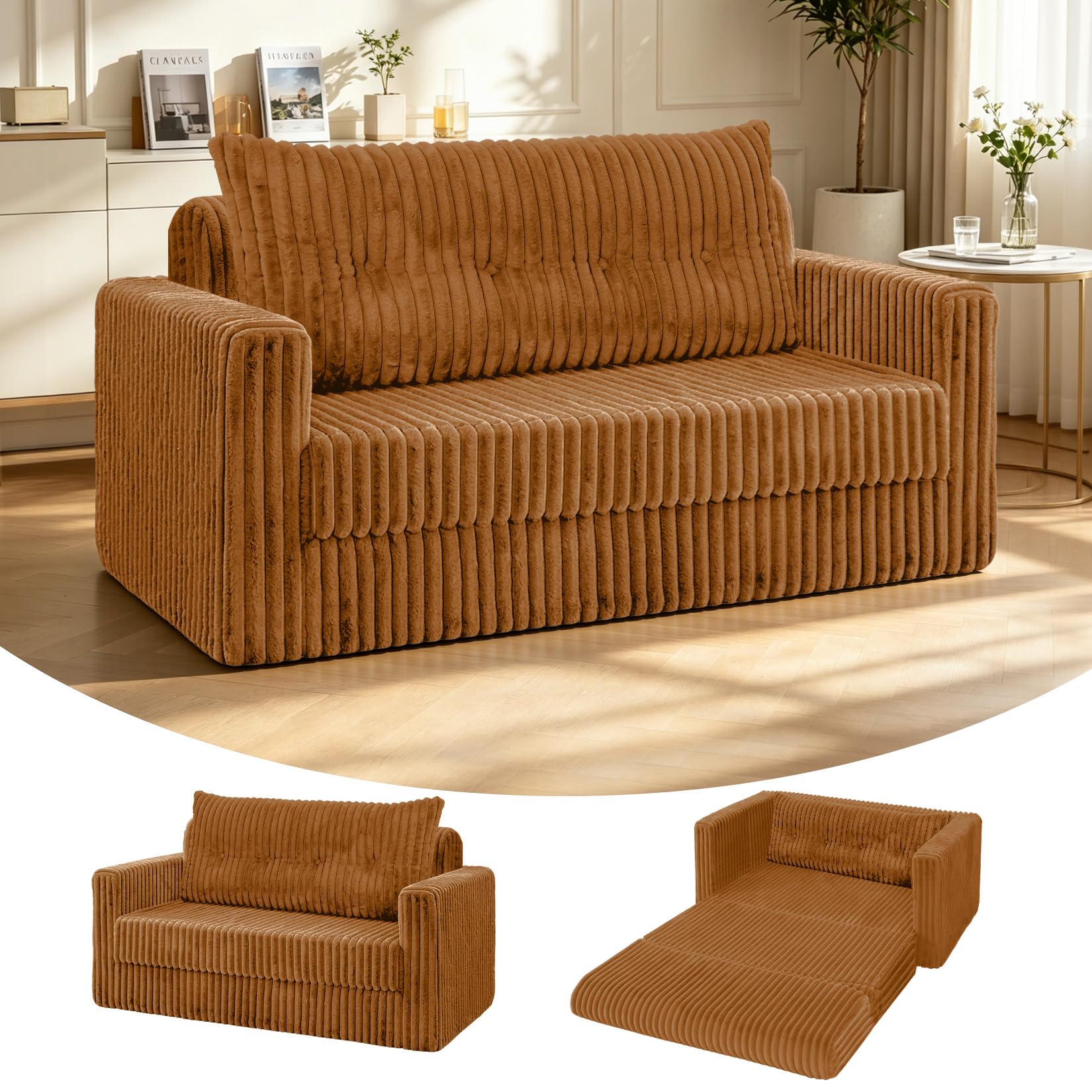 49.8" Loveseat Boneless Couch, 4-in-1 Convertible Sofa Bed, Plush Fur Folding Futon Sofa Bed Couches Without Pillow for Living Room, High-Density Foam Support, No Assembly Required, Orange