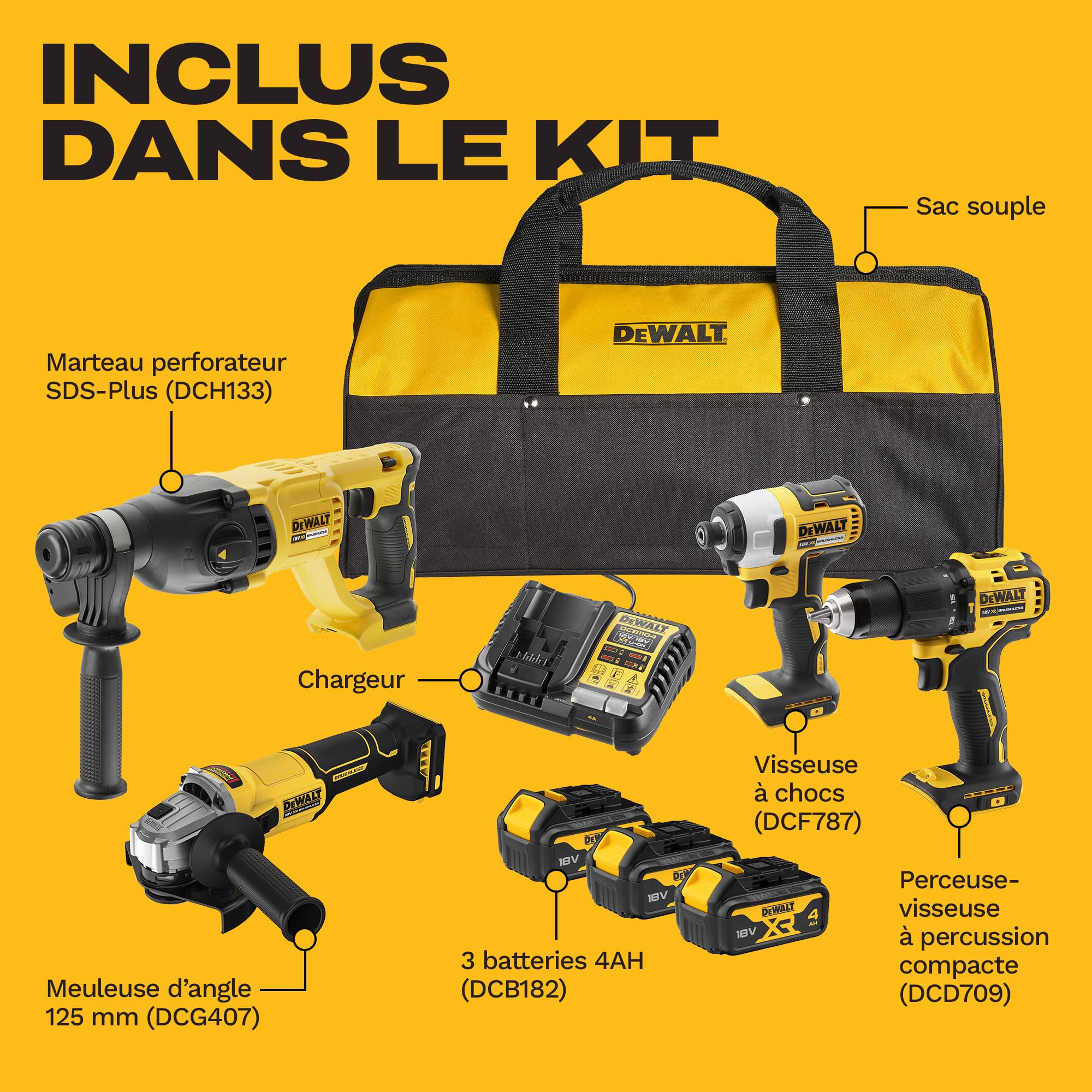 DEWALT Kit Combiné 18V 4 Outils (Perceuse à Percussion Compacte, Visseuse à Impact, Marteau Rotatif SDS-Plus 18V, Meuleuse d’Angle 125mm) avec 3 Batteries 4Ah dans Sac Souple, DCK424M3-QW