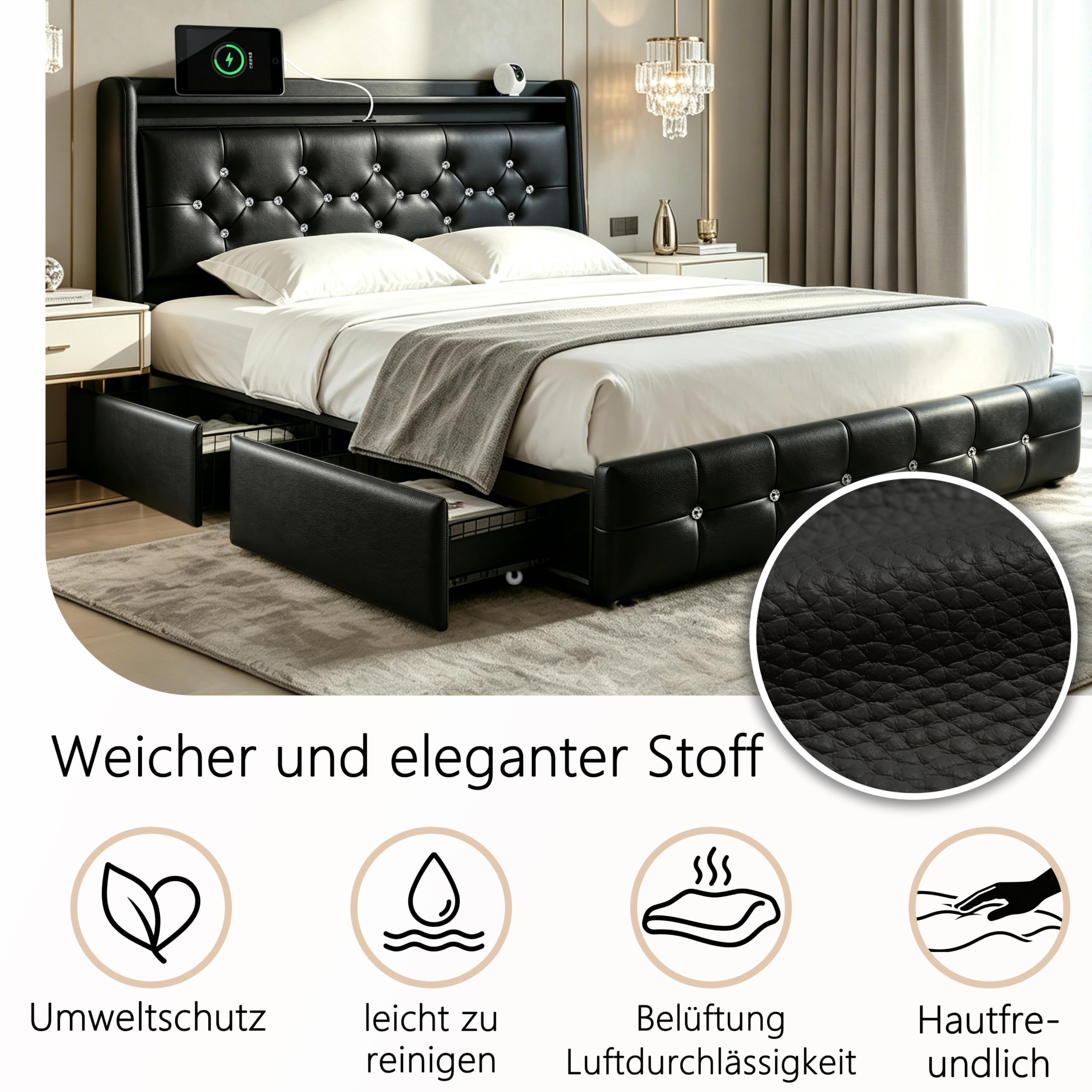 Schwarzer Bettrahmen mit Star-Projektor 160 x 200 cm, Leder | USB- & Type-C-Anschlüsse, gepolstertes Bett, Bluetooth-Star-Projektor, Lattenrost, Stauraum-Schubladen