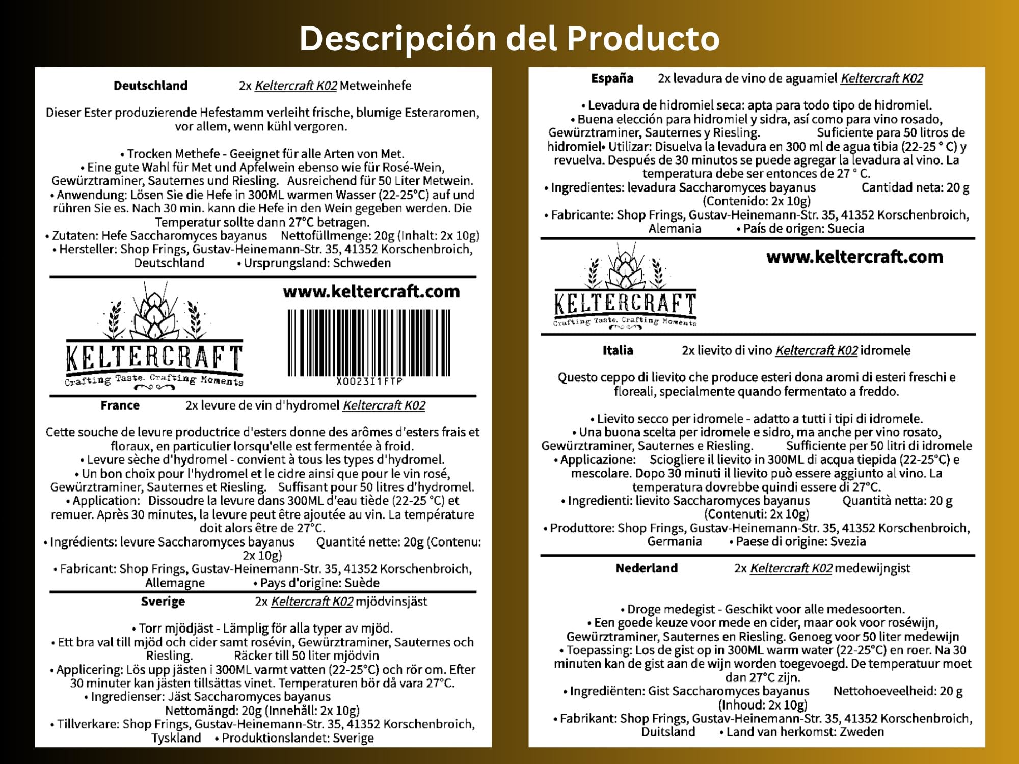 Keltercraft K02 Levadura de Hidromiel Vino [20g: Para 50L] | ¡Crea tu propio vino de hidromiel!