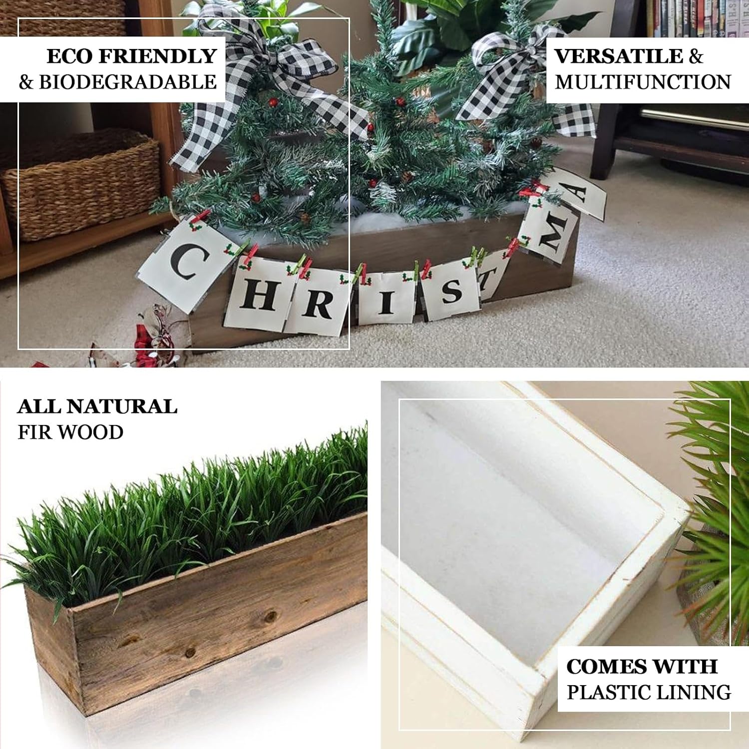 Efavormart - Juego de macetas de madera rectangular natural de 24 x 6 pulgadas con forros de plástico extraíbles