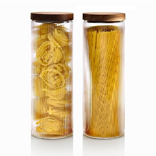 Mason & Fable Glass Storage Jars with Ribbed Pattern & Airtight Wood Lid- Glass Food Canisters for Spaghetti, Cereal, Pasta or Flour -Ideal for Kitchen, Pantry, Bar Organization- 1800ml Set of 2 - 60oz-1800ml-2x