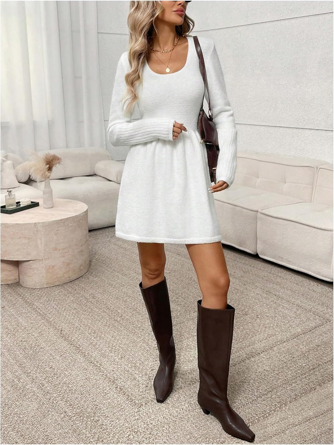 Women's Long Sleeve Mini Sweater Dress Elegant Casual Scoop Neck A Line Knit Fall Dresses - Image 5