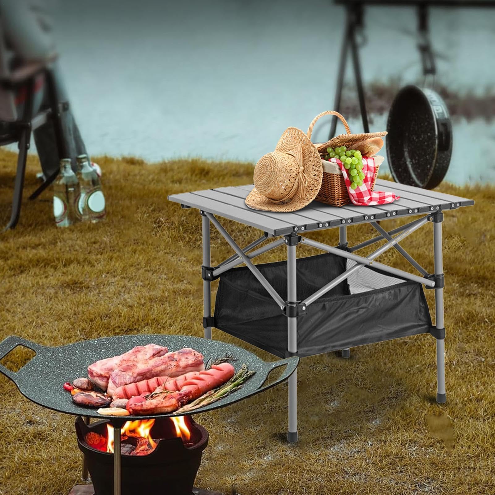 Tavolo da picnic pieghevole portatile, tavolo da campeggio pieghevole | portatile, tavolo da picnic all'aperto con borsa portaoggetti a rete | tavolo da campeggio da picnic in metallo con borsa