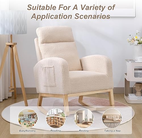 Miniatura 7 de Nursery Rocking Chair with Solid Wood Legs, Glider Chair for Nursery with Side Pocket, Rocker Armchair for Living Room Bedroom (Beige, Teddy)