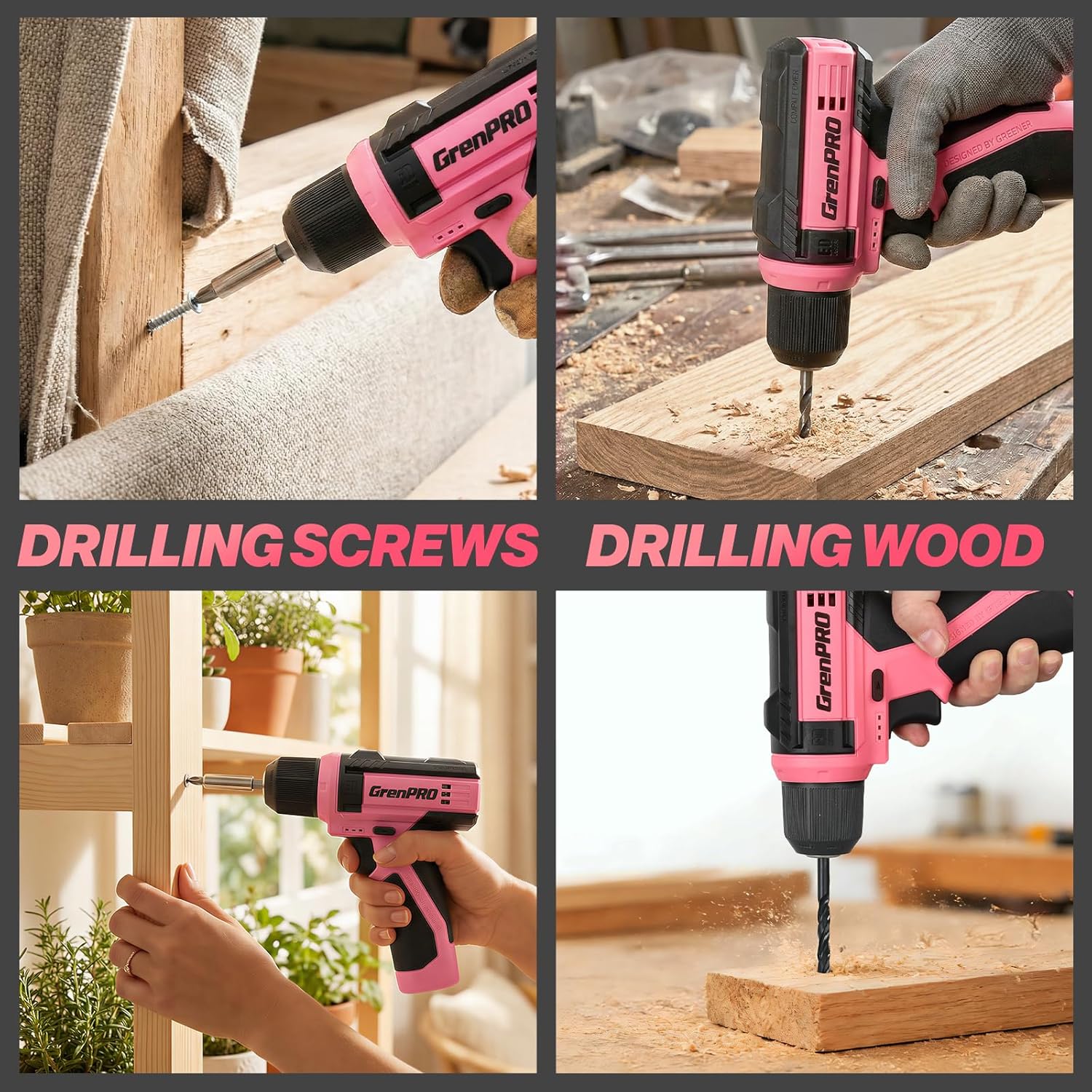 8V Cordless Drill Set, Hot Pink Power Drill with 3/8" Keyless Chuck, Built-in LED Work Light, Type-C Charging Cable & 43pcs Complete Accessories, for Drilling and Screw Tightening/Loosening - Image 9