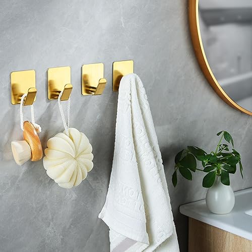 Miniatura 3 de Taozun Ganchos adhesivos, juego de 4 ganchos dorados para colgar batas, ganchos de acero inoxidable para colgar abrigos, ganchos para colgar en el