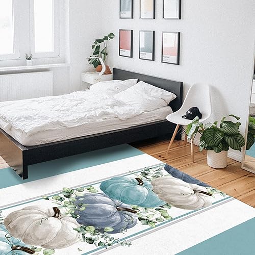 Miniatura 7 de Alfombra rectangular de otoño con forma rectangular de Acción de Gracias, 2 x 3 pies, color azul, gris, calabaza, hojas de eucalipto, rayas verde