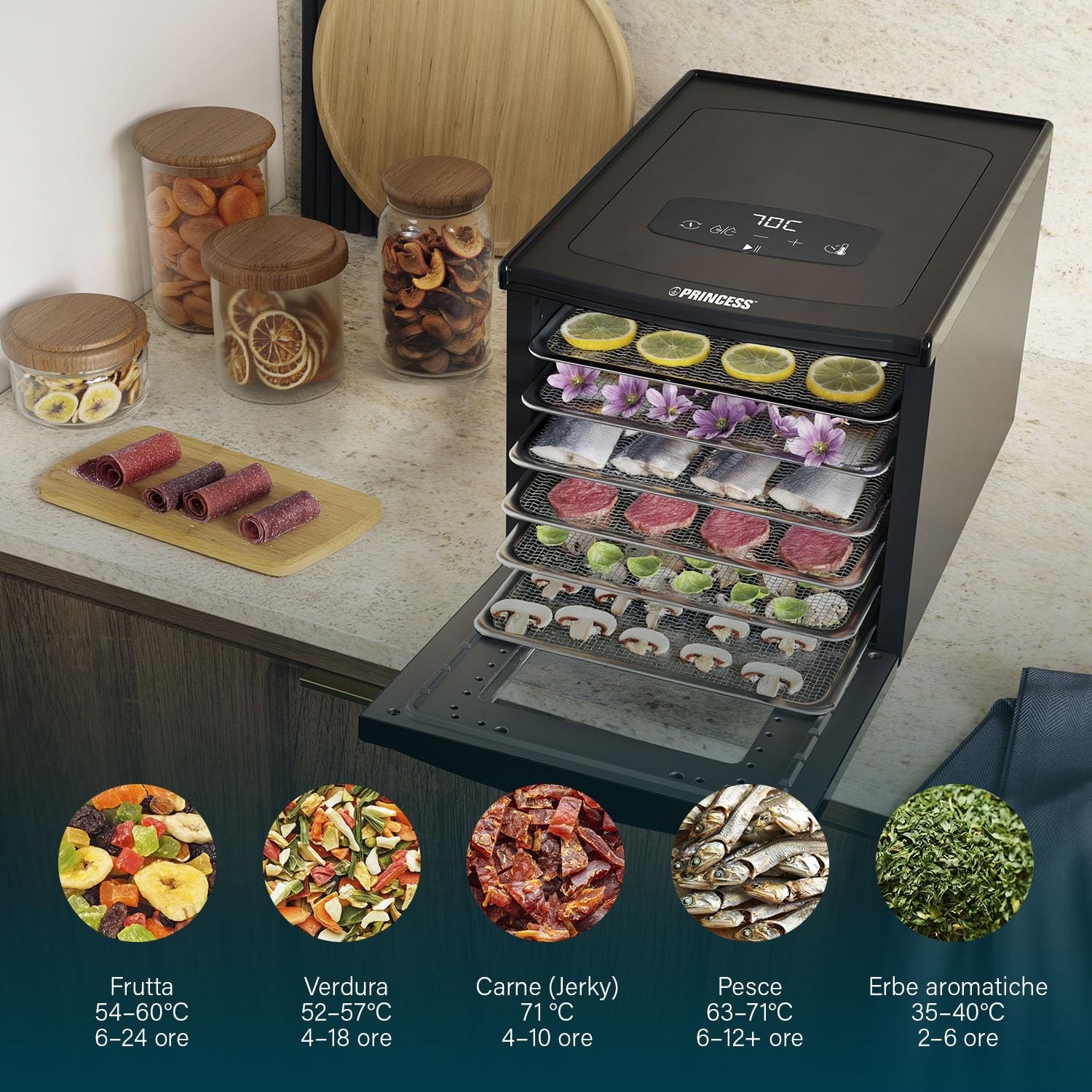 Princess Food Dehydrator con 6 Vassoi in Acciaio Inox, Temperatura Regolabile, Display Touch, Timer fino a 48 Ore, 550 W, 01.112398.01.001