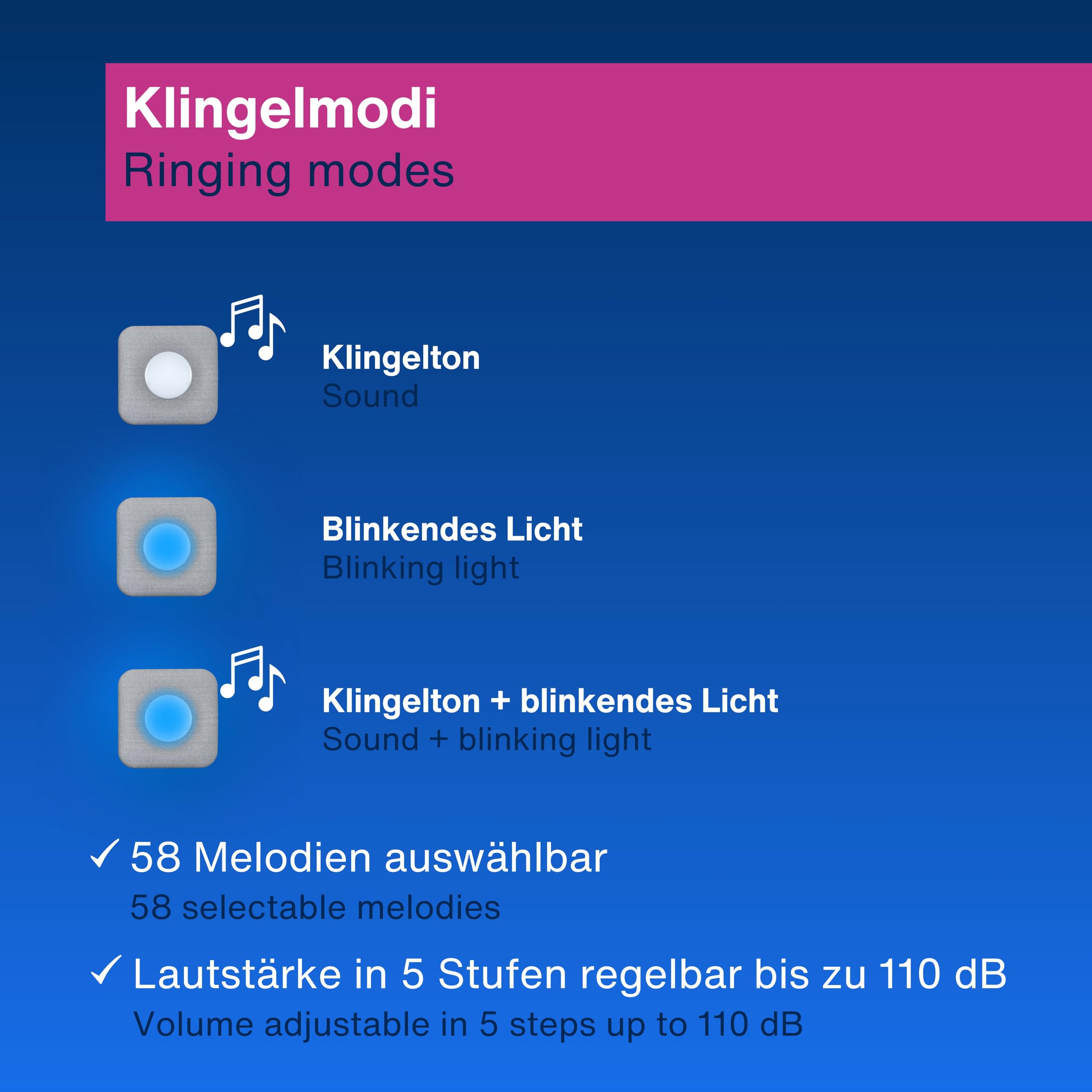 REV Zestaw gongu do drzwi orkiestry z lampką nocną – 150 m, 4-stopniowa głośność, maks. 110 dB, 58 melodii, sygnał świetlny, dzwonek radiowy zasilany bateriami, szary