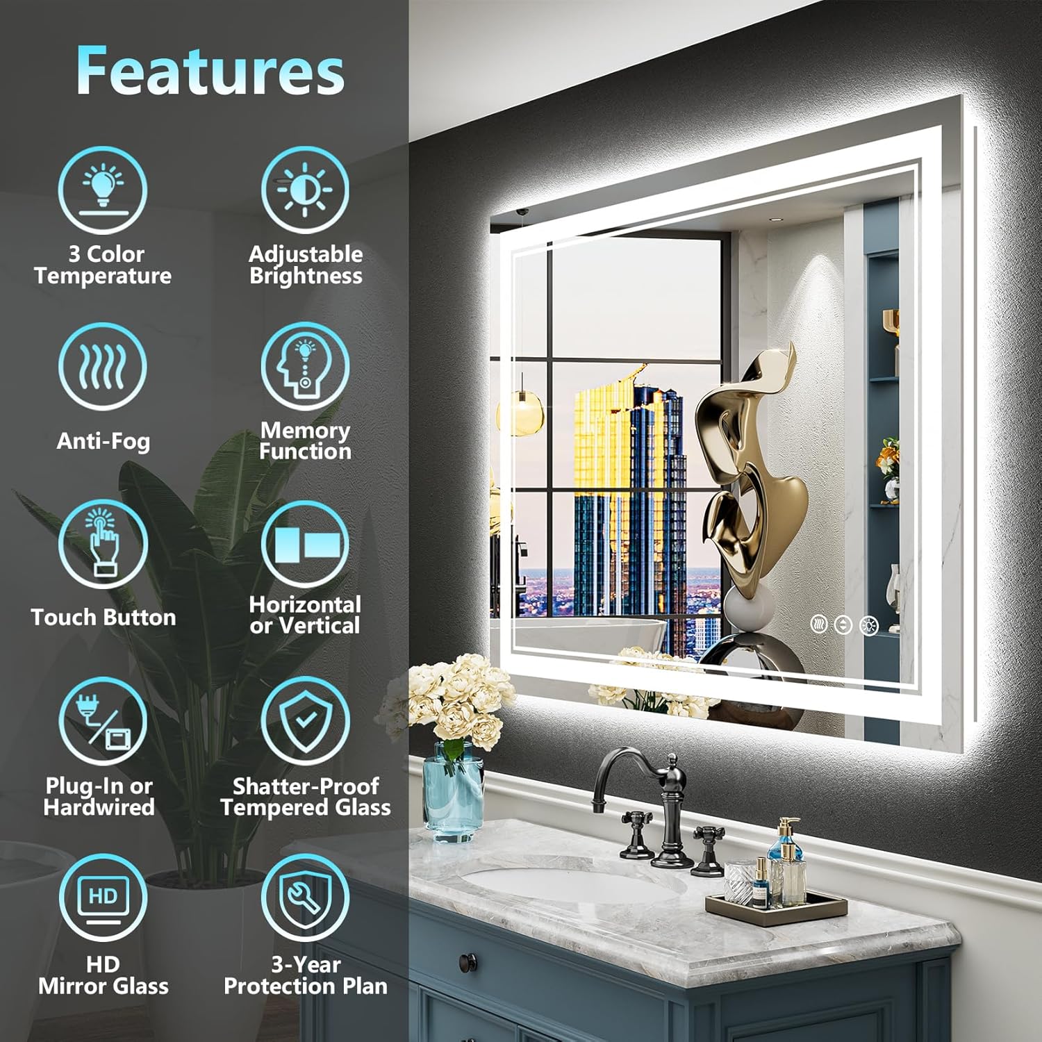40x32 LED Bathroom Mirror with Lights, Backlit and Front Lit Anti-Fog Lighted Vanity Mirrors for Bathroom Wall, Dimmable, 3-Color Light, Memory, Shatter-Proof, HD Tempered Glass, CRI＞90