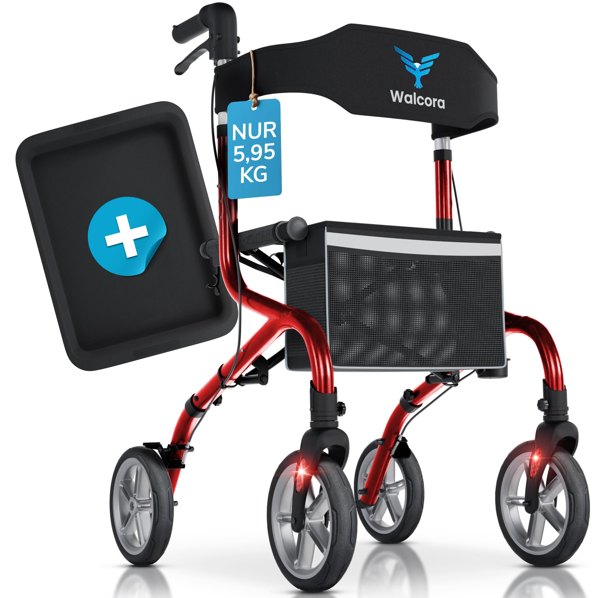SuperLight Rollator – ultraleicht (5,95 kg) – Faltbar und leicht mit Sitz – ideal für Alltag & Reise – Gehhilfe für Senioren – Klappbar, Stockhalter, Walker, Rollatoren – Rot