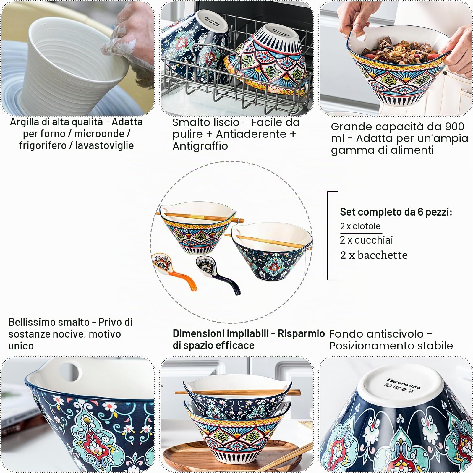 HENXFEN LEAD Set di ciotole per ramen giapponese in porcellana, 2 pezzi 780ml Ciotola per zuppa colorata con bastoncini e cucchiaio - Stile bohémien