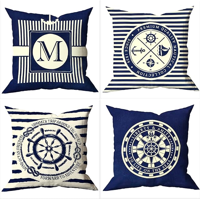 Linen Throw Pillow Cover Set 18x18 inch, 4 Pcs Nautical Sofa Pillowcases, Anchor Navigation Compass Cushion Covers, Elegant Home Decoration Square Throw Pillow Covers for Bed Couch Chairs Car, Blue