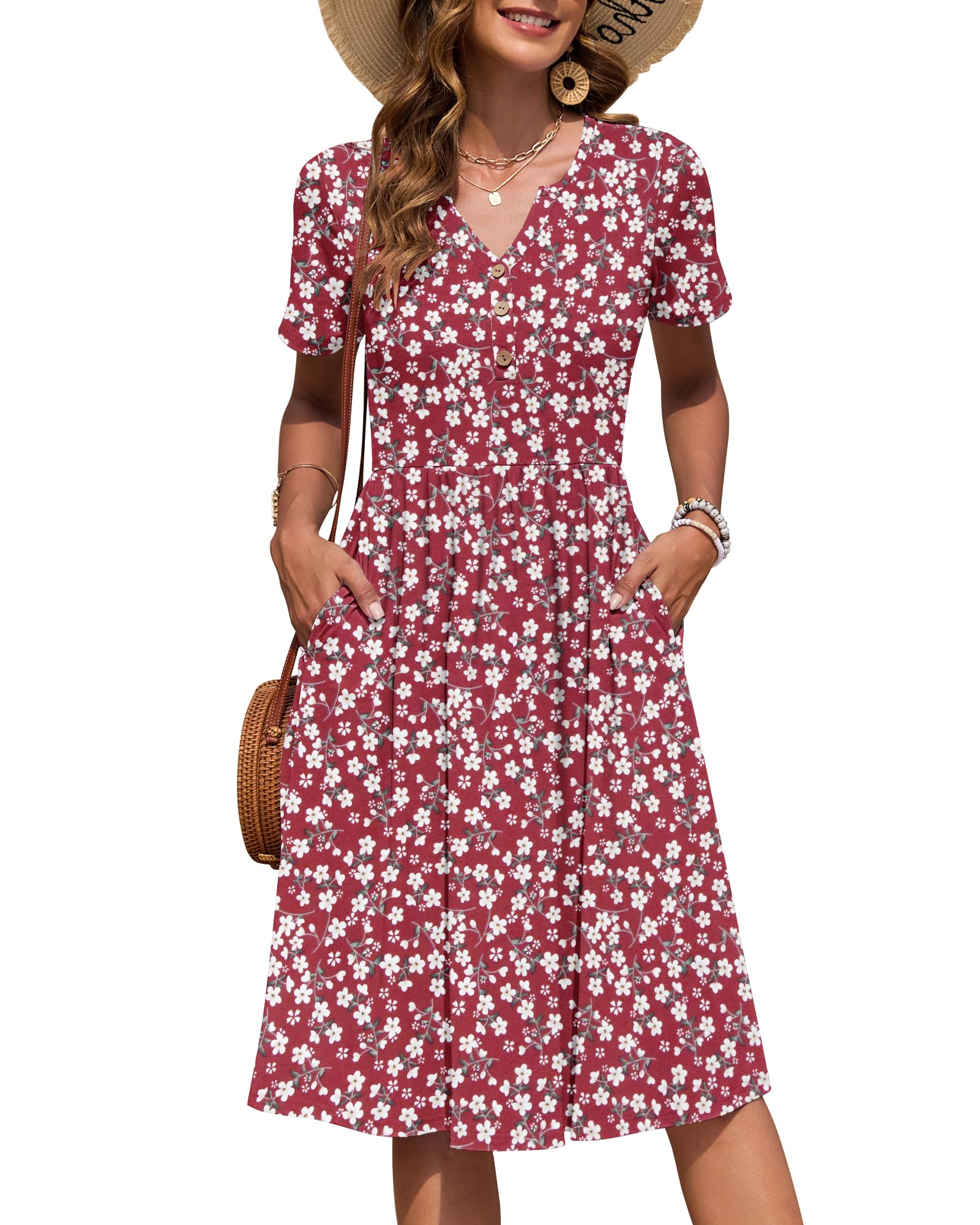 AUSELILY Vestito Estivo a Maniche Corte da Donna Abito Casual Scollo a V al Ginocchiocon Bottoni con Tasche