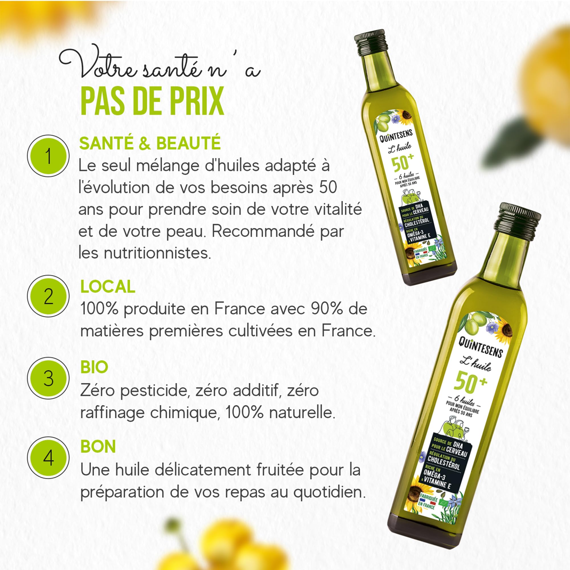 Lot de 3 Huiles Sénior (50+) QUINTESENS 500ml- Entretien de la Vitalité & de la Beauté - Régulation du cholestérol & Soutien pour cœur, cerveau & vision - Production 100% Française & Biologique