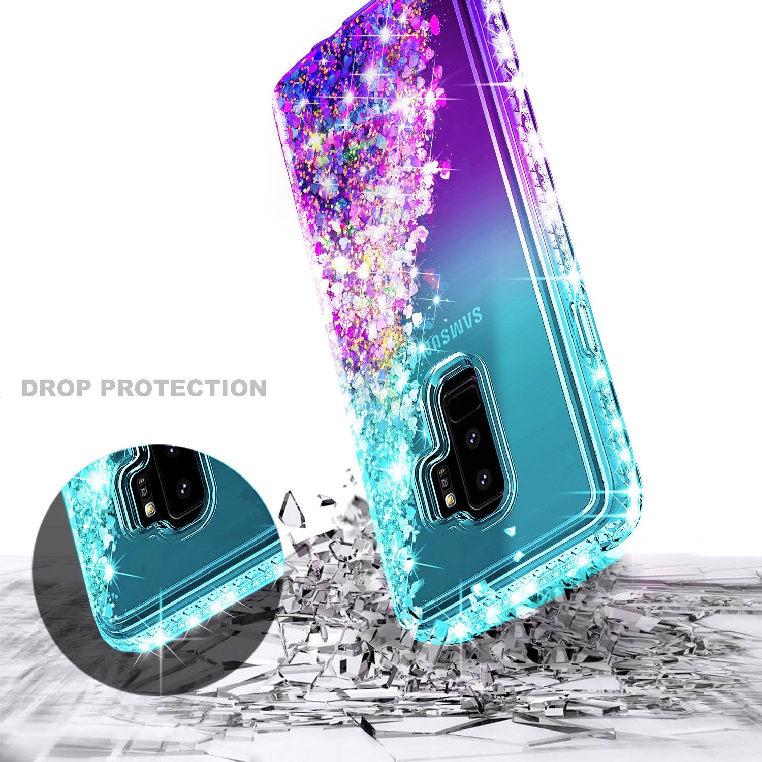 Galaxy S9 Plus Case, NageBee Glitter Liquid Floating Sparkle Bling Waterfall Diamond Cute Phone Case for Samsung Galaxy S9+ Plus with Screen Protector (3D PET Full Coverage) -Aqua & Purple