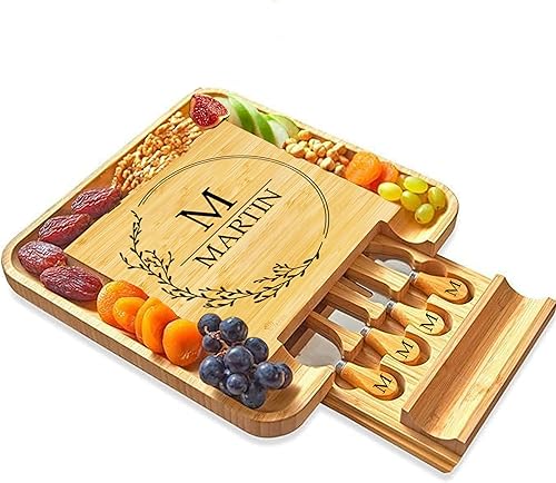 Miniatura 26 de RoyalHouse Juego único de tabla de queso de bambú y cuchillos con 2 cajones deslizables para cubiertos, juego de tablas de charcutería, regalos