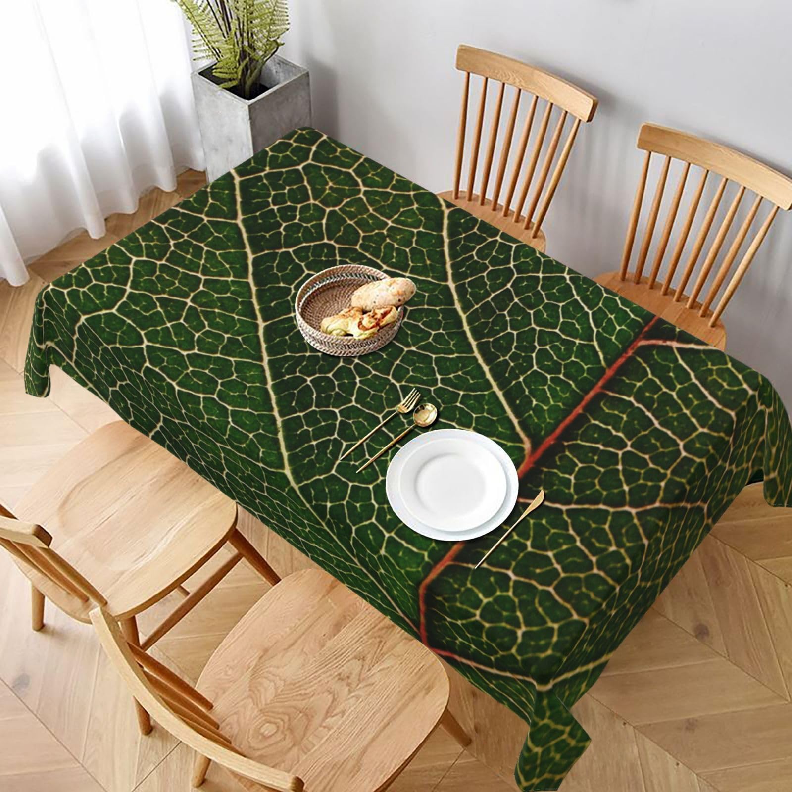 BNVSADC Green Leaf Texture Veins Printed Rectangle Tablecloth 228x152 CM, Water Resistant Polyester Table Cloth Decorative Fabric Table Covers for Kitchen Dining Table Parties Camping