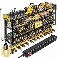 POKIPO 49.5" 4-Tier Power Tool Organizer Wall Mount with 8-Outlet Charging Station, 800 lb Capacity, 12 Drill Holders for Garage Storage