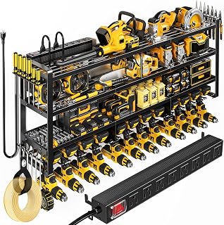 POKIPO 49.5" 4-Tier Power Tool Organizer Wall Mount with 8-Outlet Charging Station, 800 lb Capacity, 12 Drill Holders for Garage Storage