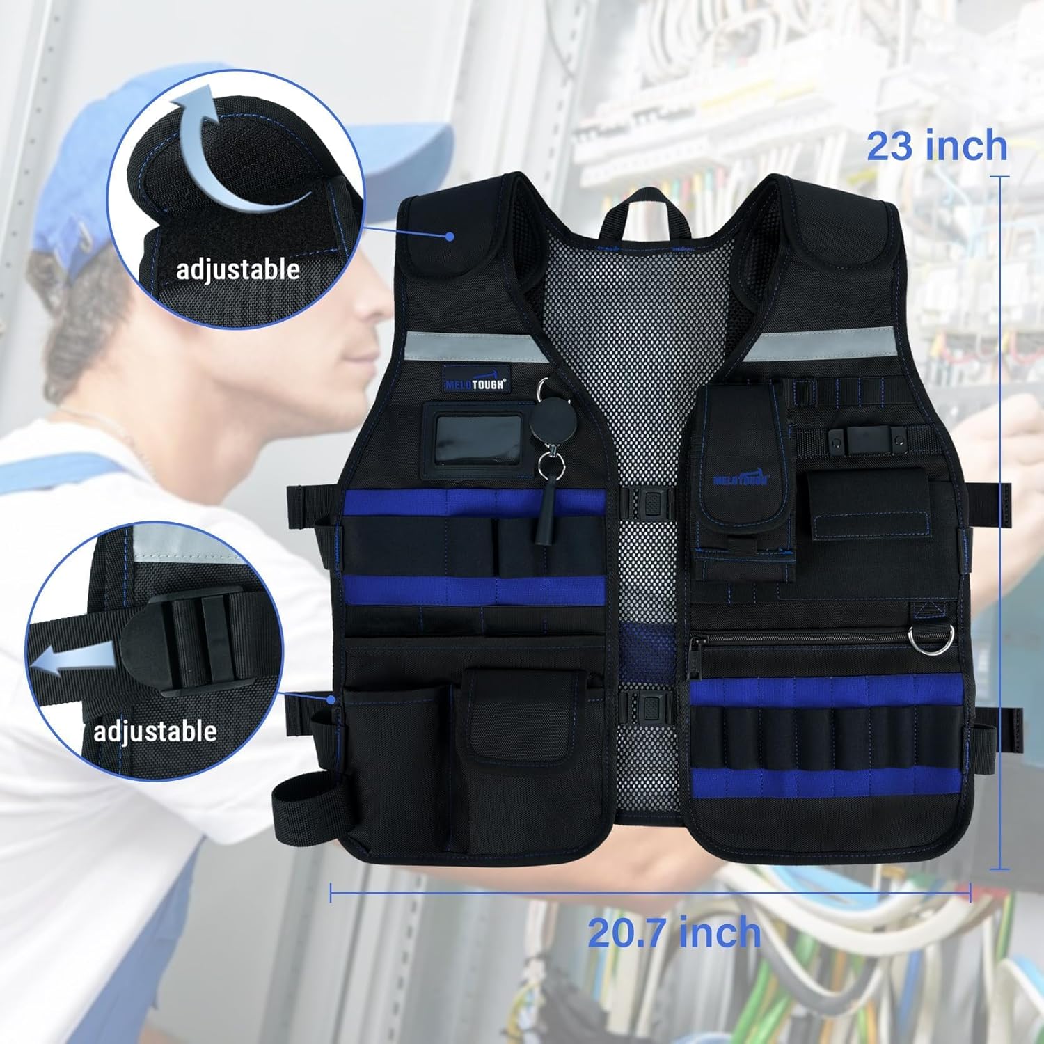 MELOTOUGH Tool Vest Safety Work Vest with Adjustable Straps,Removable Phone Holder for Electrician,Construction,Carpenters