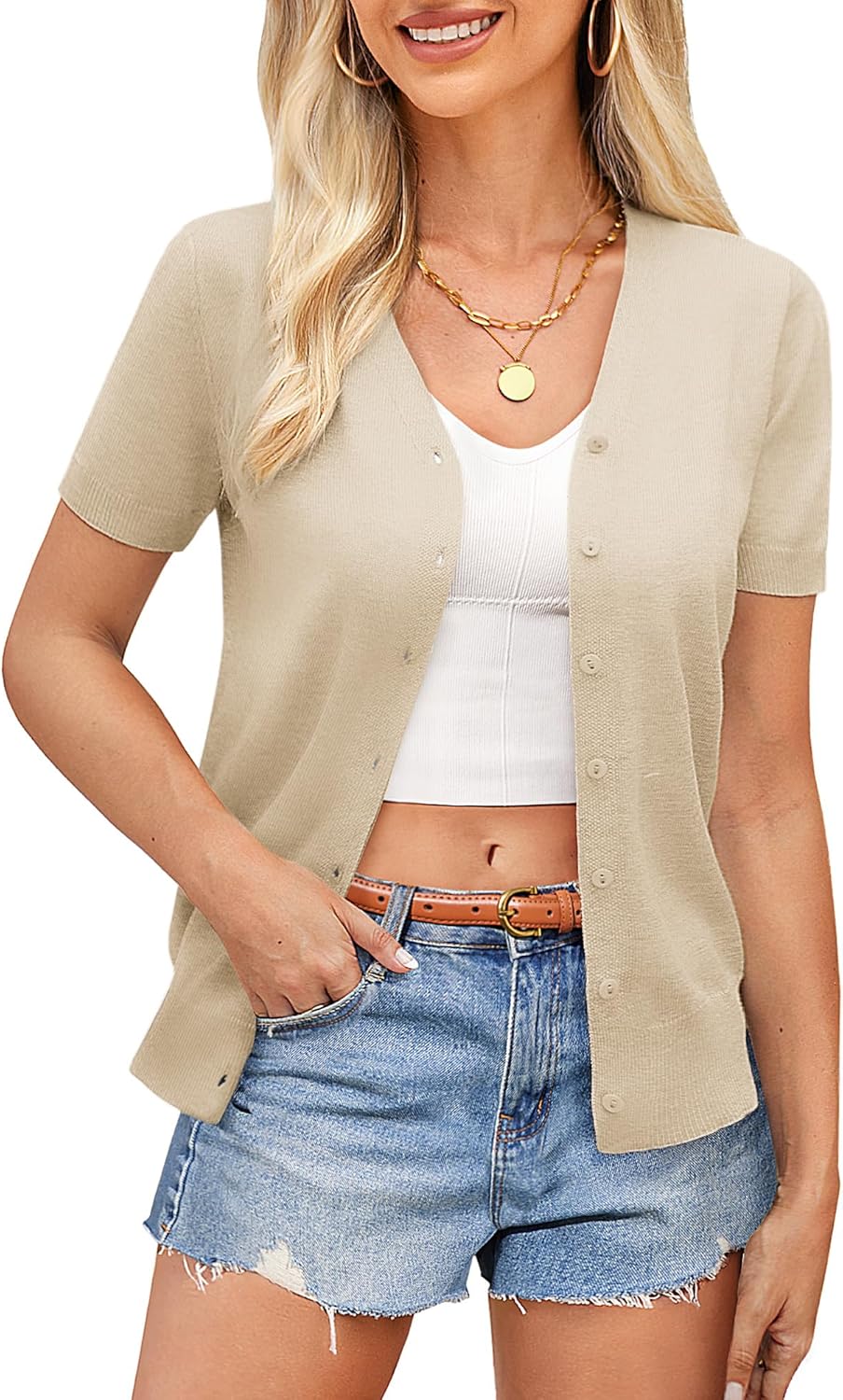 GRACE KARIN Womens 2025 Basic Summer Short Sleeve Cardigan Sweaters Lightweight V-Neck Button Down Cropped Shrug Sweater Tops