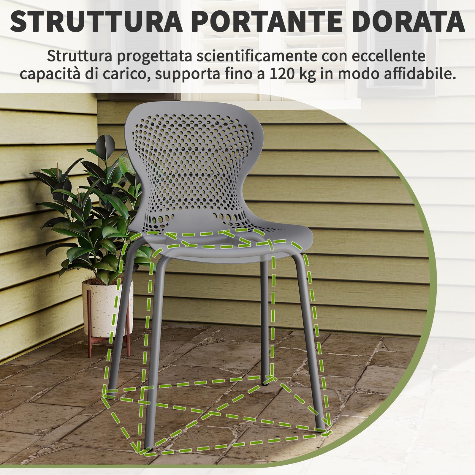 JIJIAN Set di 4 Sedie Sala da Pranzo Impilabili, Sedia da Cucina con Gambe in Metallo, Sedie da Giardino in Plastica, per Sala da Pranzo, Soggiorno, Giardino, Balcone e Terrazza, Grigio