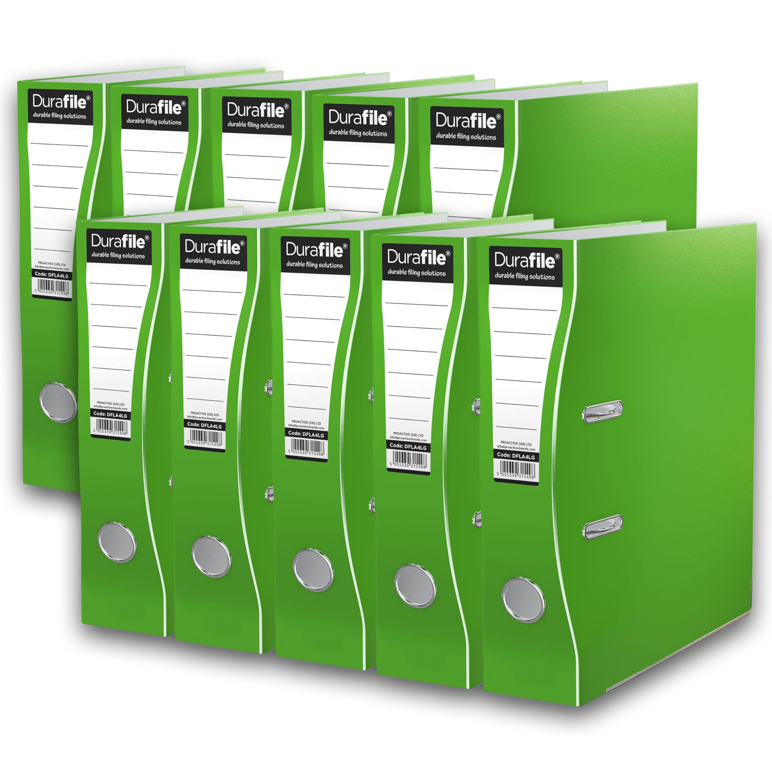 Durafile Lever Arch Files, Light Green, Pack of 10 Folders, Heavy Duty Board Construction Suitable for A4 Size Documents, Ideal folders for School, Home and The Office
