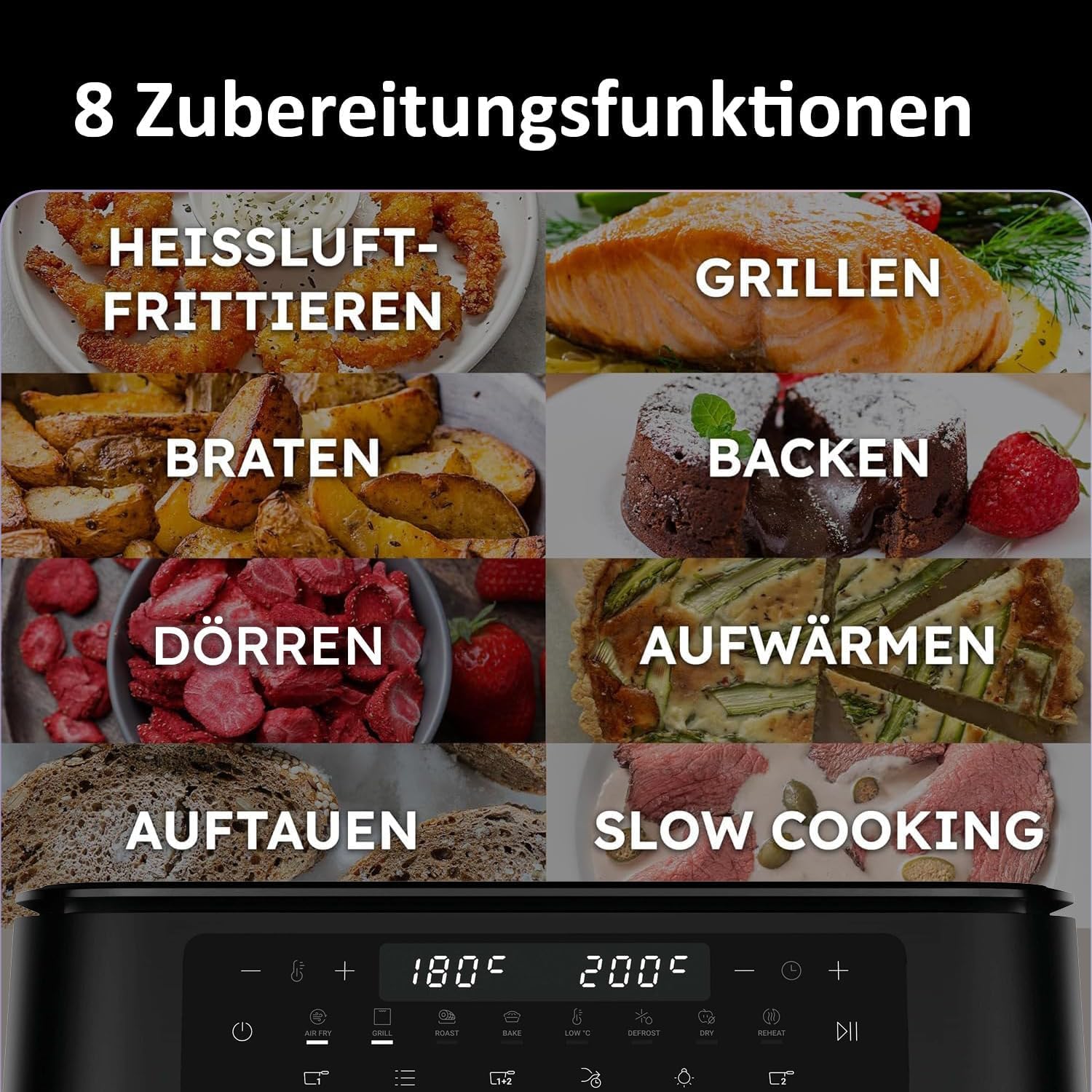 Haier Heißluftfritteuse Flex | 11 L Airfryer Dual mit herausnehmbarer Trennwand & Sichtfenster für 9 Portionen | 8 Funktionen | spülmaschinenfest