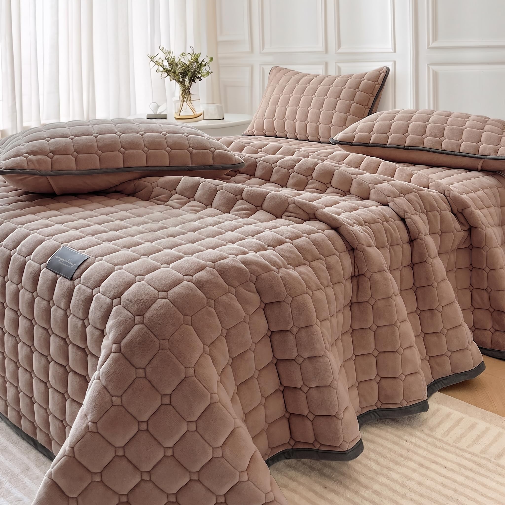 OKYUK Luxuriöses Samt-Bettwäsche-Set für King-Size-Bett, leichtes Samt-Bettwäsche-Set, übergroße Tagesdecke, Tagesdecke, gestepptes Bettwäsche-Set, mit 2 passenden Kissenbezügen