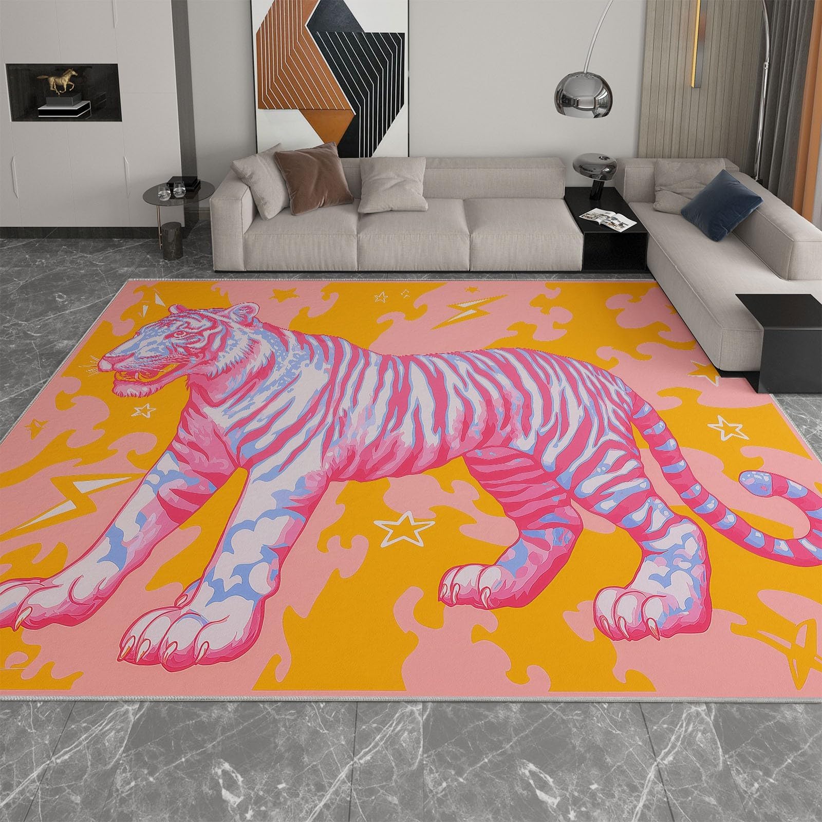 Tapis Tigre Rose pour Salon 200 x 250 cm, Lavable, Fin, Doux et antidérapant, pour Couloir, Chambre ou Bureau, Motif Animal Sauvage
