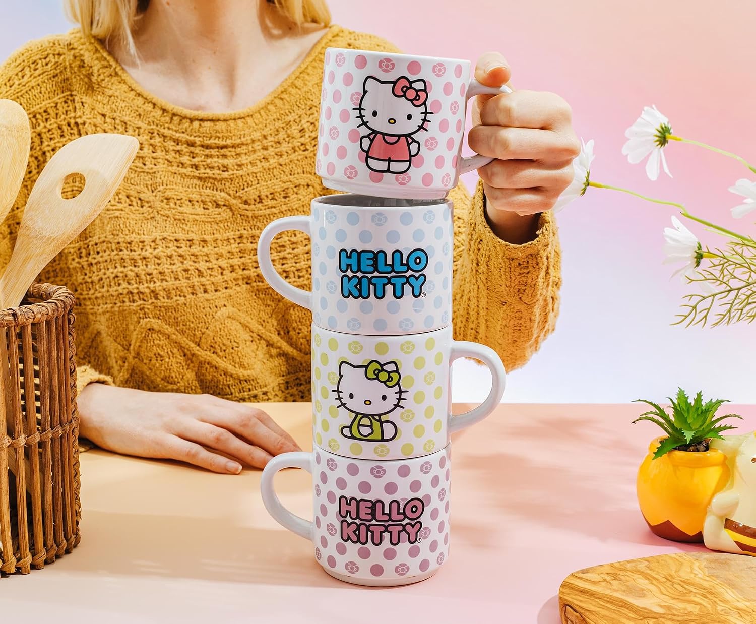 Silver Buffalo Sanrio Hello Kitty 4-Piece Stacking Mug Set With Wire Rack | Coffee Cups For Tea, Cocoa, Beverages | Each Holds 10 Ounces