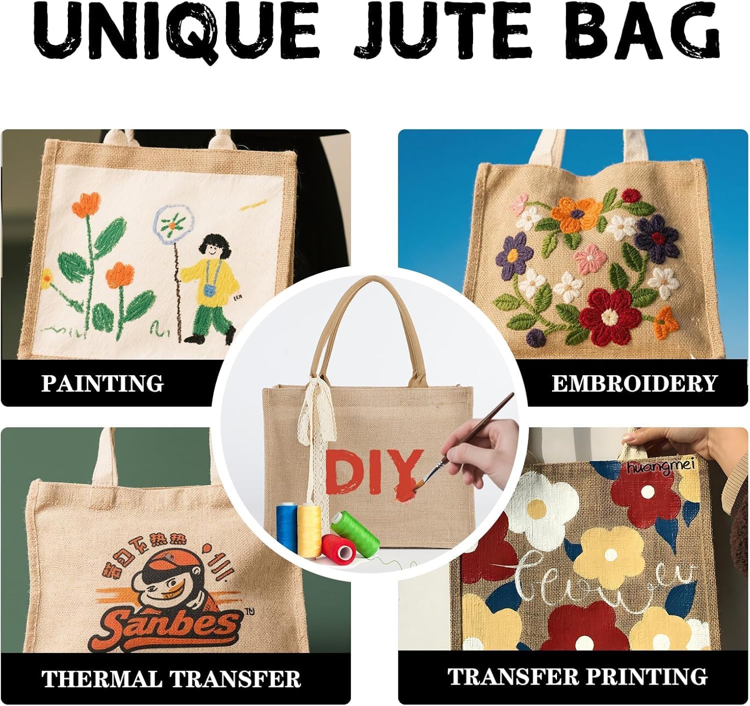 6pcs Burlap Tote Bag Set with Handles, Waterproof Reusable Blank Water Resistant Grocery Bags with Ribbon Large Jute Tote 15.35*6*12 Inch for Women Bridesmaid Gift Beach Shopping Wedding Travel DIY - Image 7