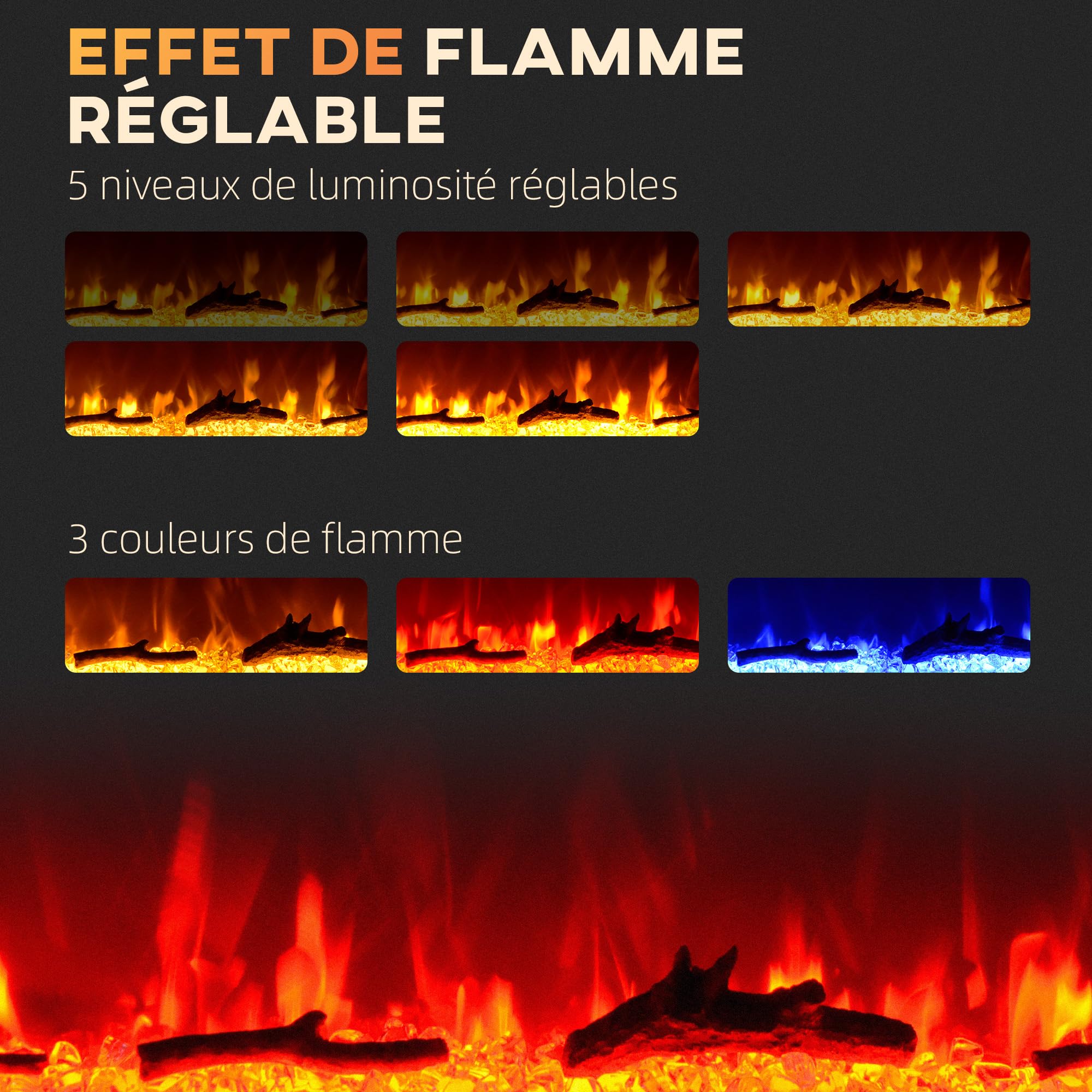 HOMCOM Cheminée électrique 1800 W Mural ou encastrable Fausse cheminée avec Effet Flamme en LED 3 Couleurs 5 luminosités, bûche et Cristal, minuterie, température 15-40℃, télécommande, 91,4L cm, Noir