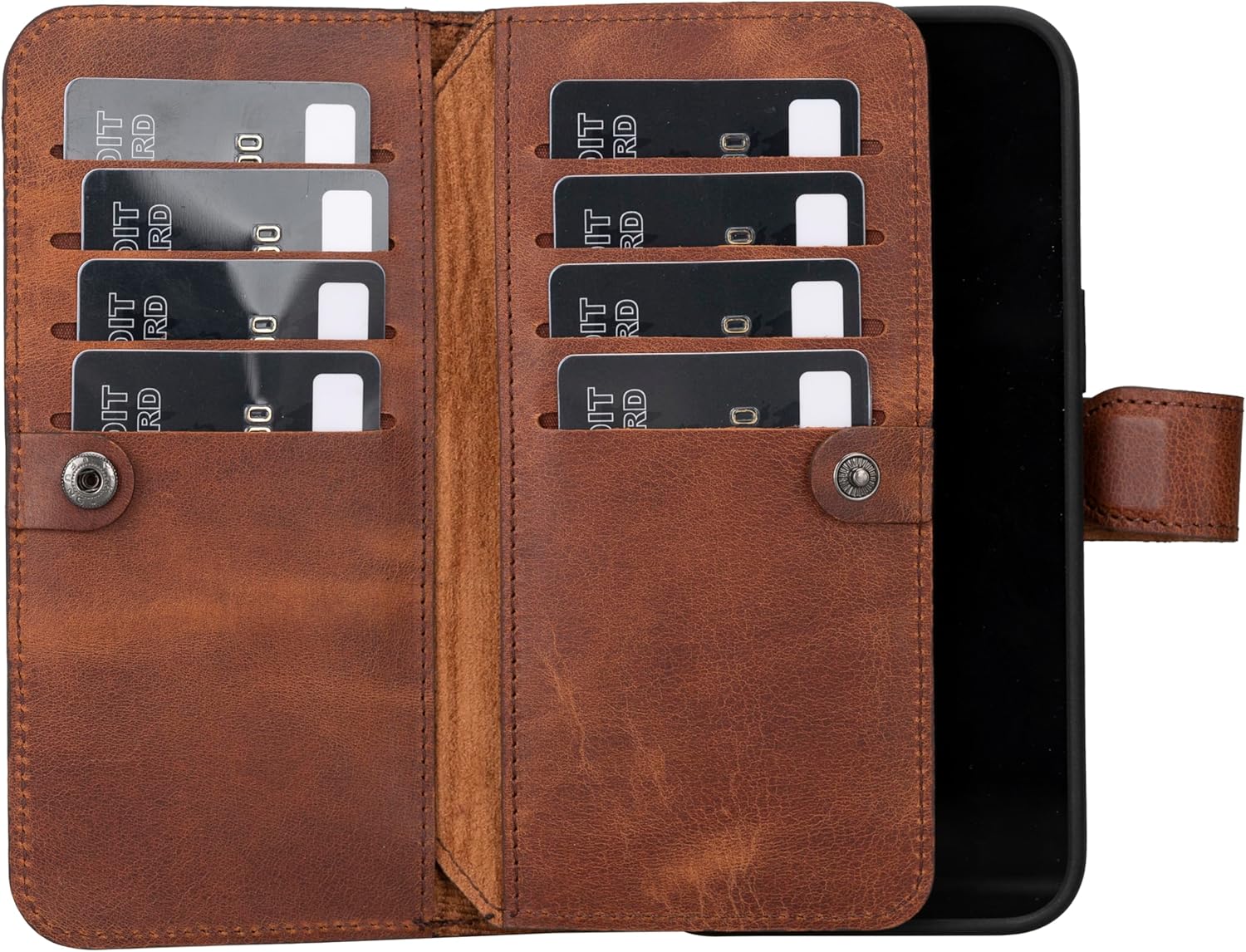 HARDISTON Genuine Premium Leather Custom Case for iPhone 15 Pro Max - MagSafe Compatible - Double Folio Card Holders - Detachable Magnetic Flip Cover - Horizontal Kickstand (Brown)